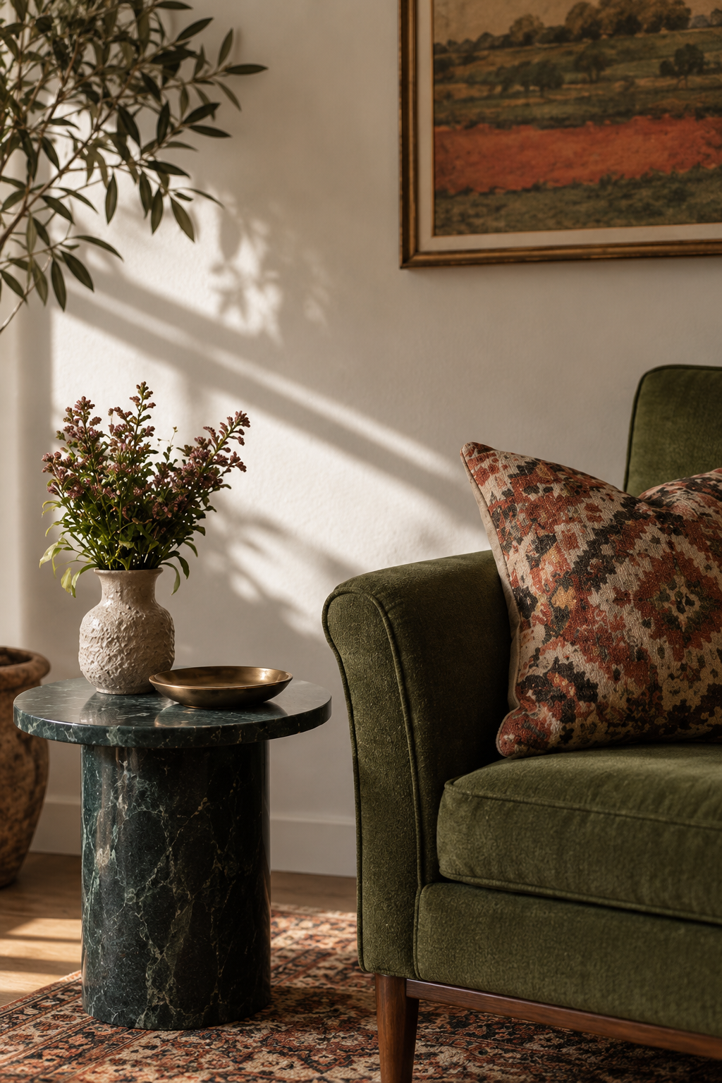 A cozy living room corner with sunlight streaming in, featuring a green velvet armchair with an patterned cushion, a dark green marble side table with a textured beige vase containing pink flowers, a small brass dish, a framed landscape painting, and a large leafy plant casting shadows on a white wall.