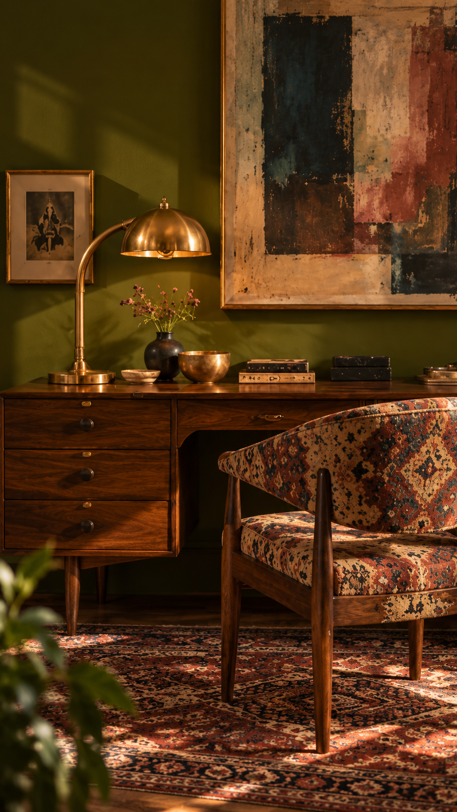 Interior of a vintage-style living room with a wooden desk, a patterned upholstered chair, a brass desk lamp, decorative bowls, vases, books, framed artwork, and a large abstract painting on a green wall.