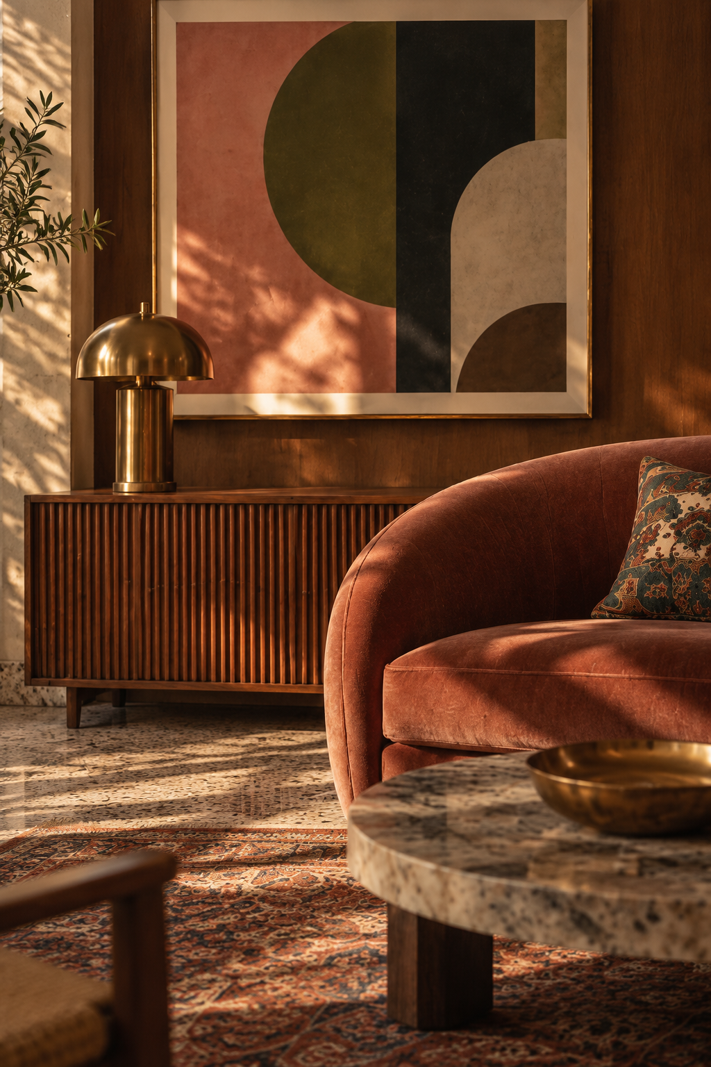 A cozy living room corner featuring a pink velvet sofa with patterned cushion, a round marble-top coffee table with a brass bowl, a wooden sideboard with vertical slats, a gold dome lamp, a colorful geometric artwork, and a patterned rug, illuminated by natural sunlight.