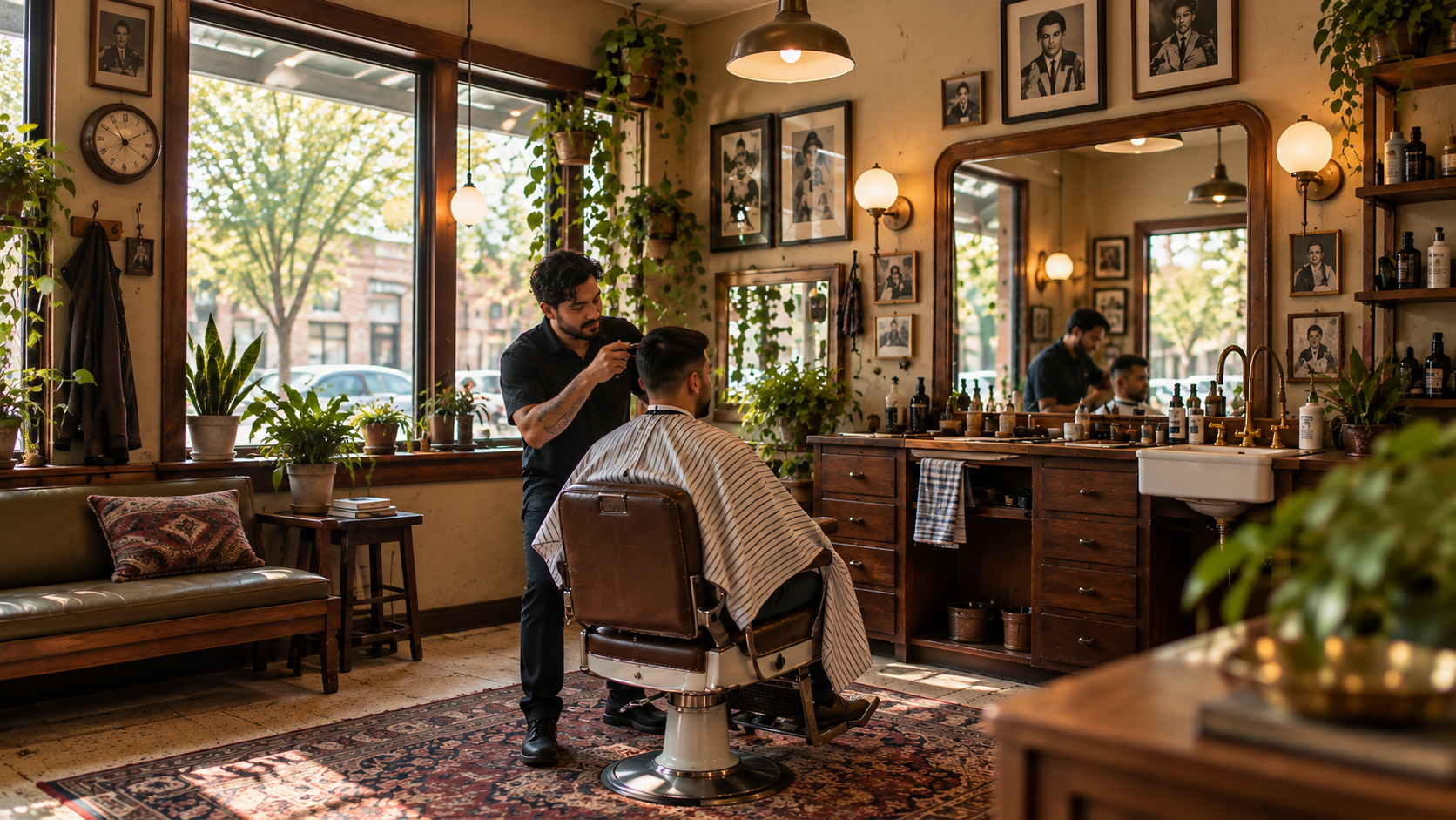 A man getting a haircut in a cozy, vintage-style barbershop with large windows, surrounded by plants, framed photos, and warm lighting.