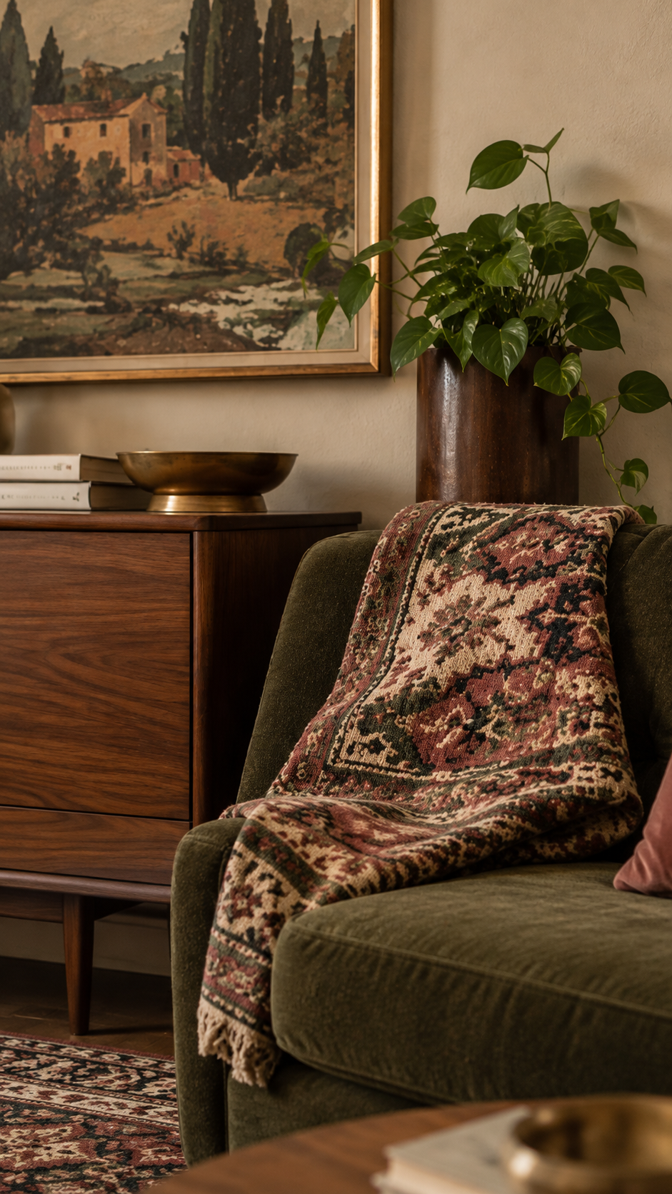 A cozy living room corner featuring a green upholstered armchair draped with a patterned throw blanket, a wooden sideboard with books and a decorative bowl, a potted plant in a brown vase, a landscape painting on the wall, and a Persian-style rug on the floor.