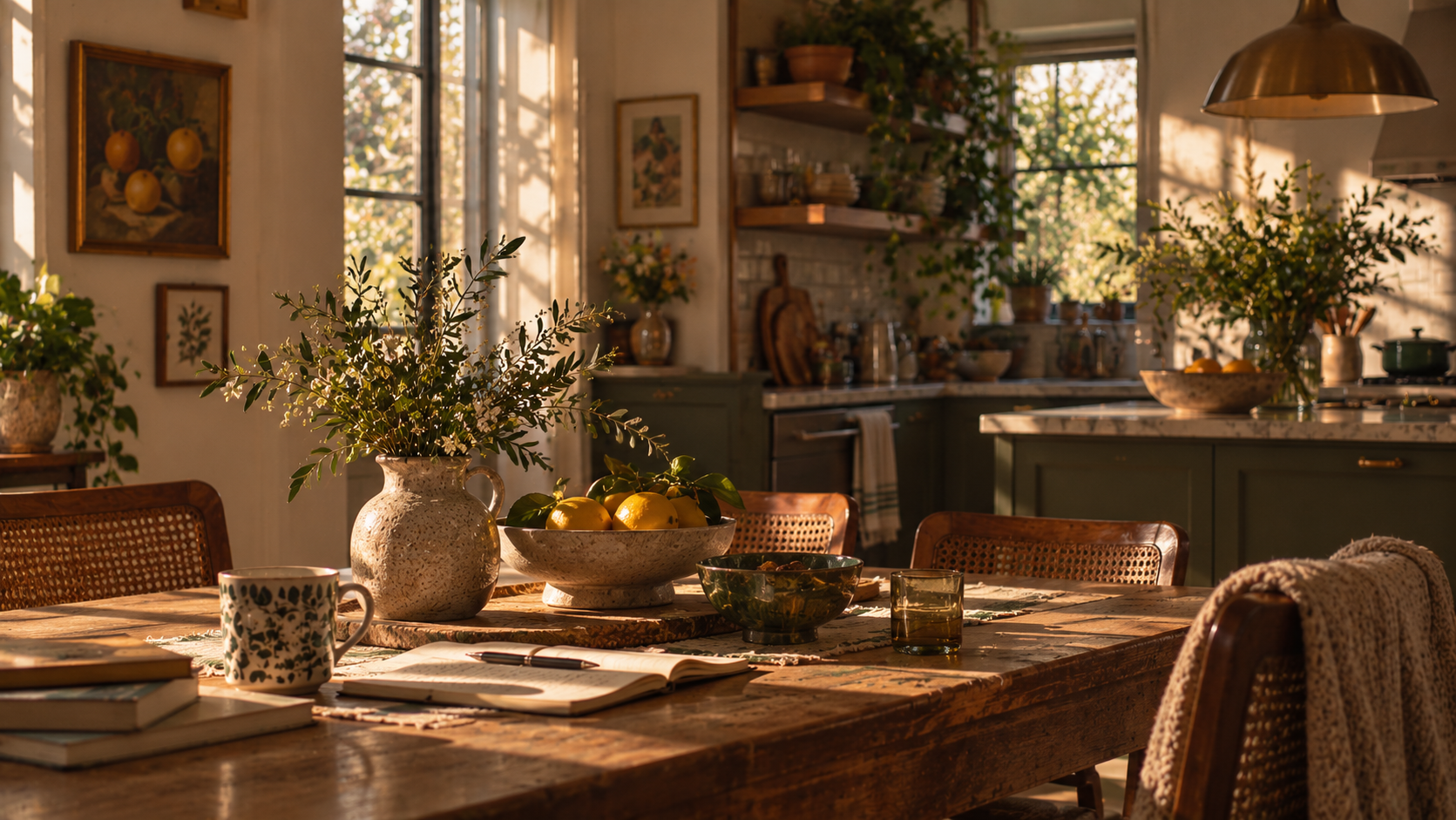 Sunlit kitchen and dining area with wooden table, ceramic vase with green leafy branches, bowl of lemons, coffee mug, open book, glasses, and warm ambient lighting.