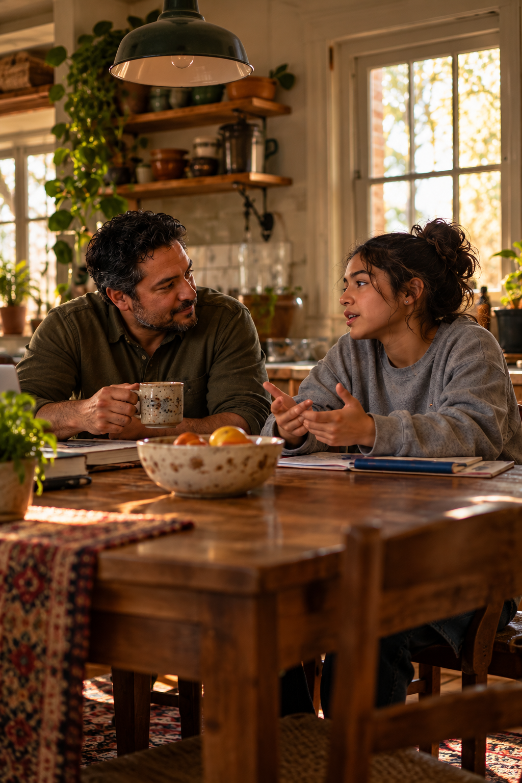 A man and a young woman have a conversation at a wooden dining table in a cozy, sunlit kitchen with potted plants and open wooden shelves.