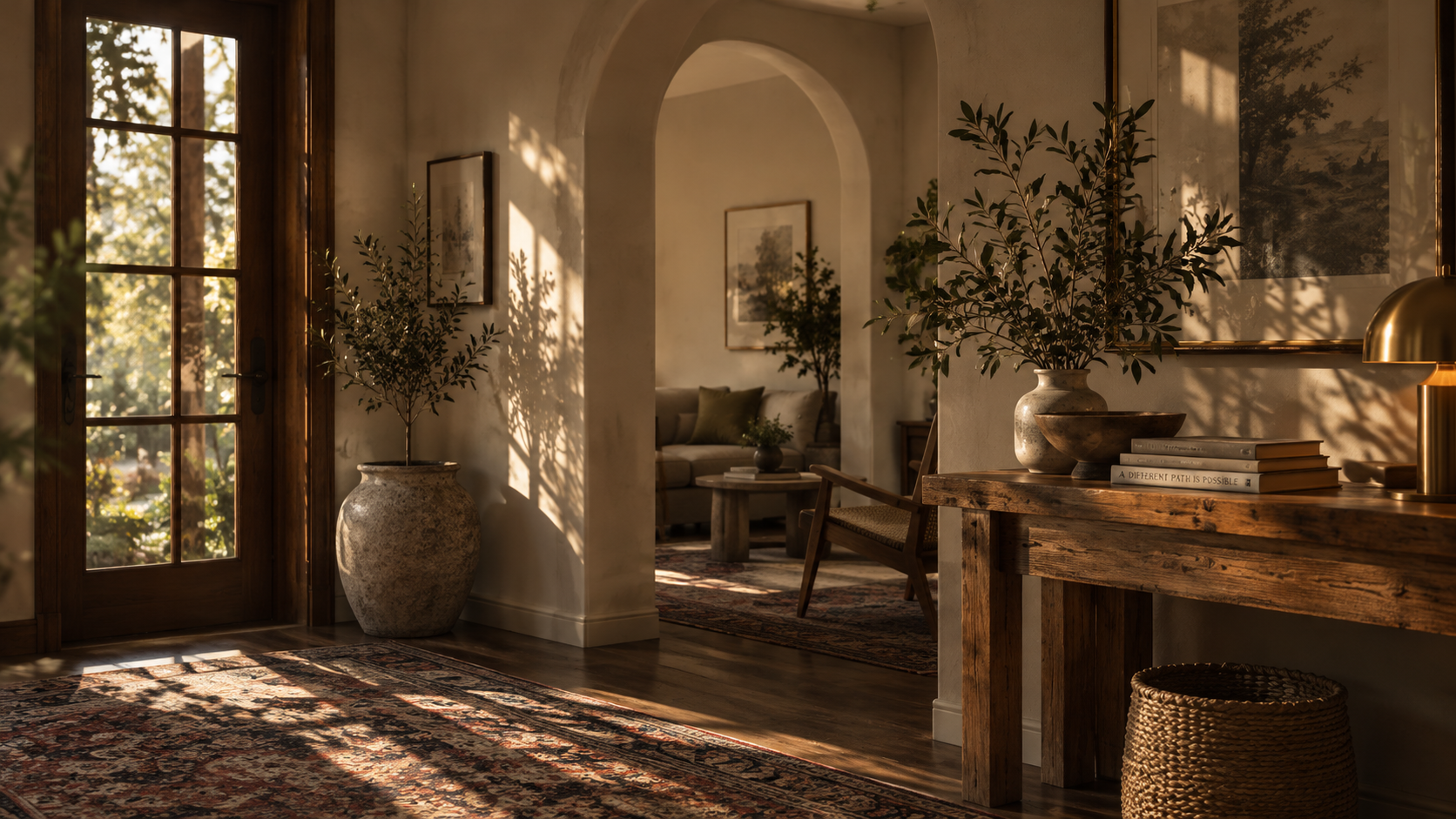 A cozy living room with warm sunlight streaming through a glass door, casting shadows of potted plants on the wall. The room features wooden furniture, framed artwork, and a patterned rug.