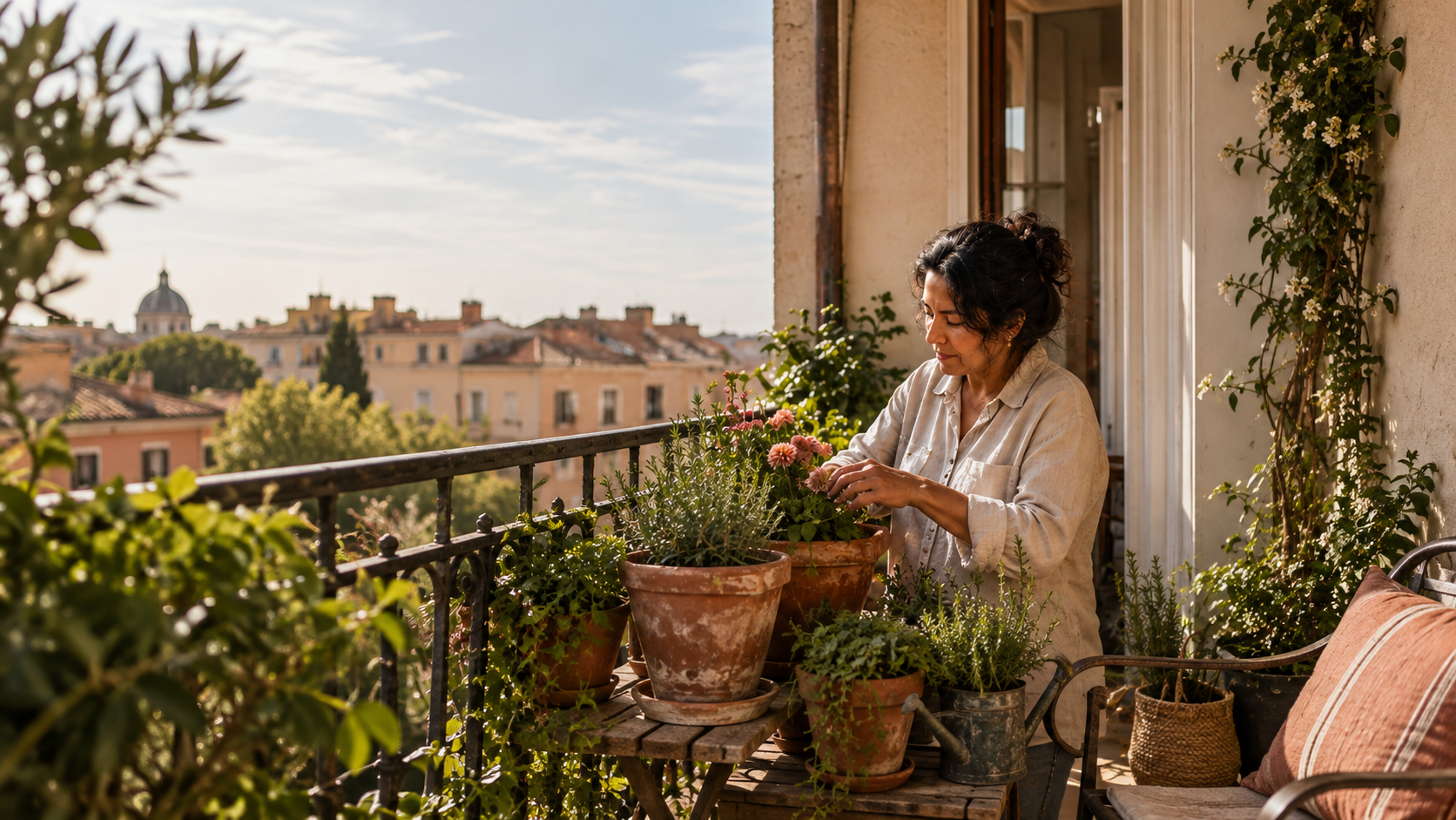 A woman tending to potted plants on a balcony with a cityscape in the background.