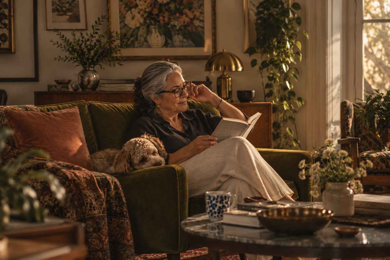 An older woman with glasses and gray hair reading a book on a green sofa. She is sitting with a small, curly-haired dog next to her. The room has warm lighting, decorative plants, framed artwork, and a coffee table with books and a mug.