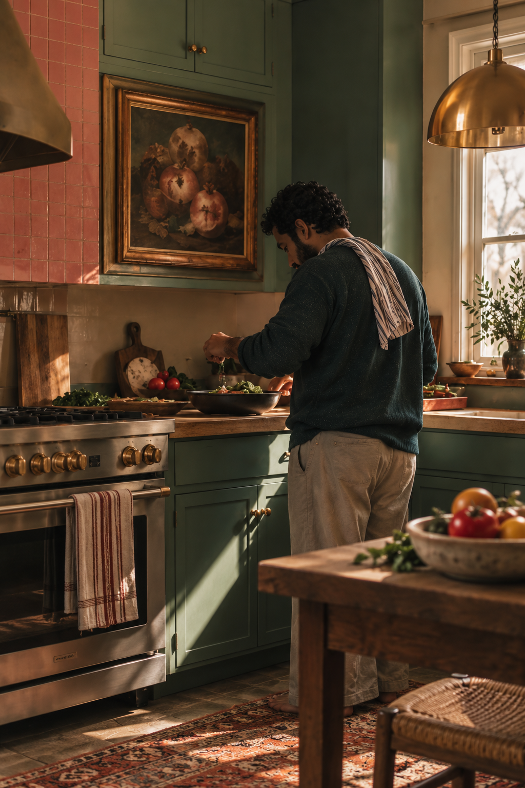A man with dark curly hair, a beard, wearing a dark sweater and beige pants, standing in a cozy kitchen, preparing food at the counter near a window with sunlight, with a towel draped over his shoulder, surrounded by bowls of vegetables and fresh produce.