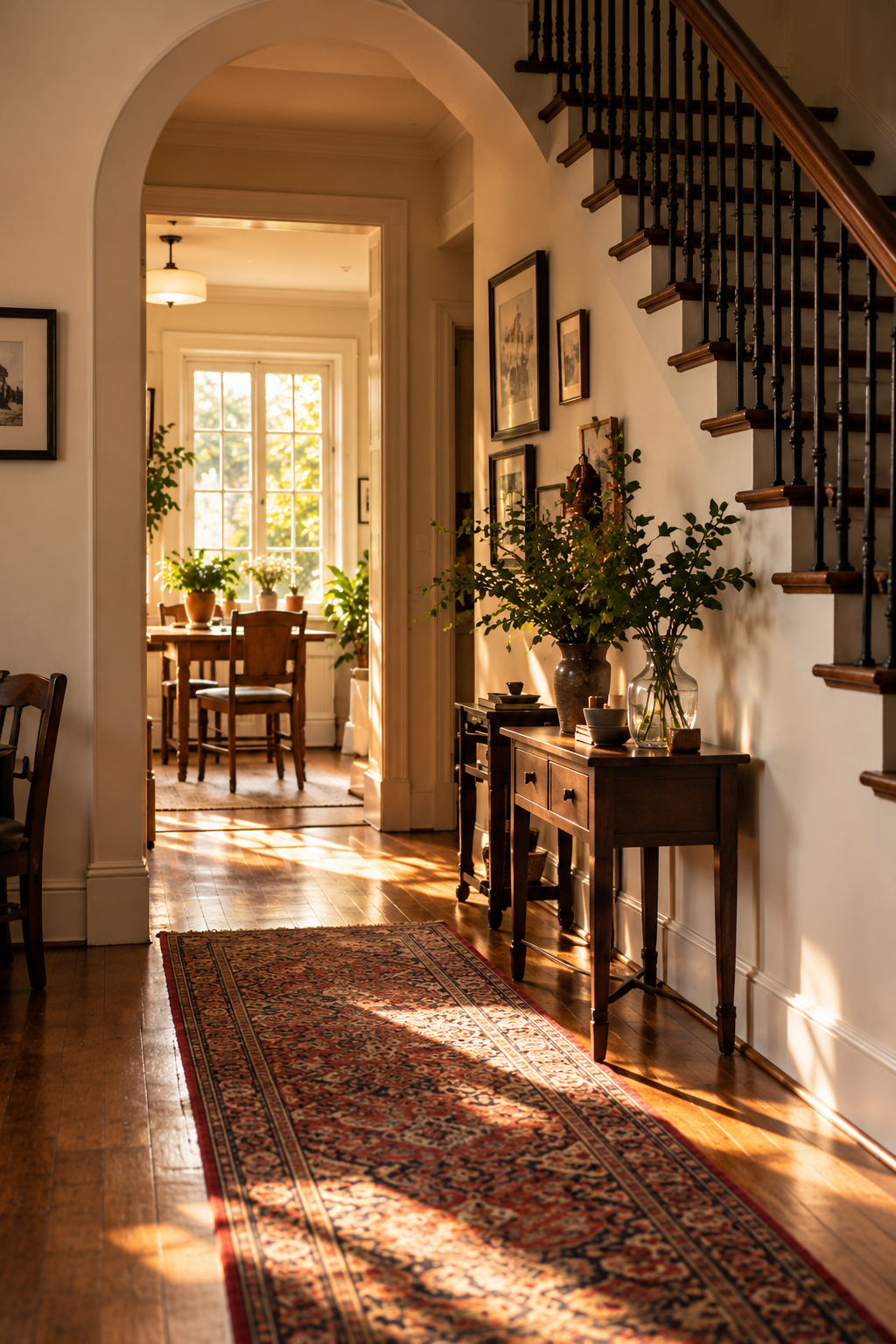 Interior view of a home with a hallway leading to a sunlit dining area, decorated with potted plants, framed artwork, and a patterned rug, warm sunlight streaming through large windows.