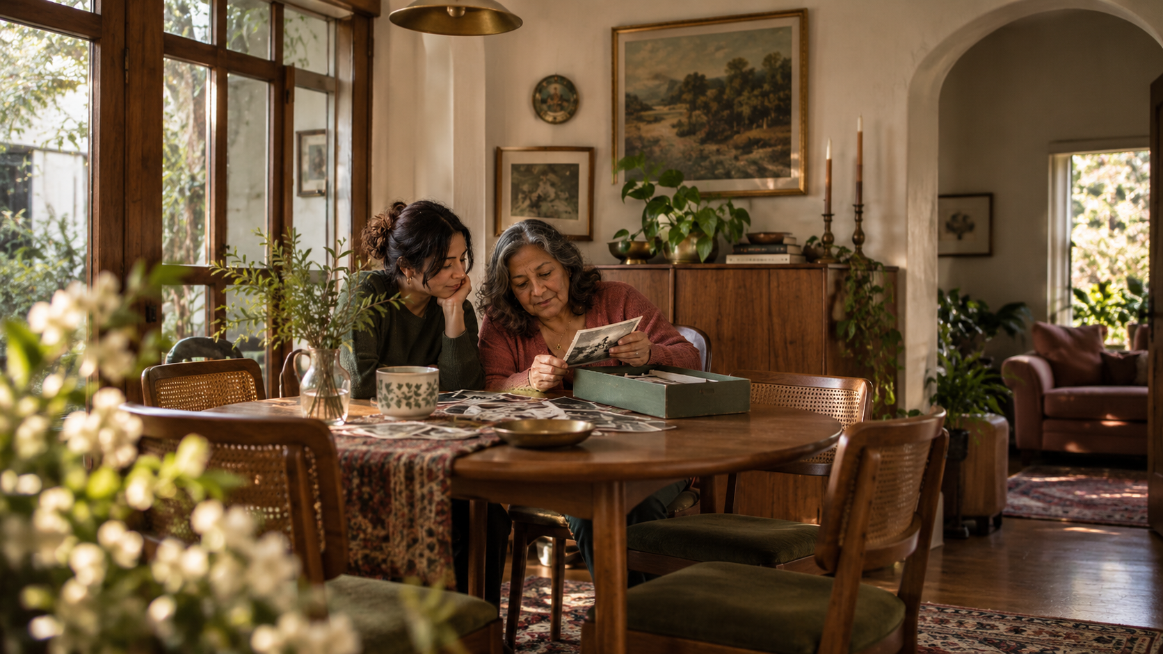 Two women sitting at a wooden dining table, looking through photographs in a scrapbook, in a cozy, well-lit home with large windows and art on the walls.