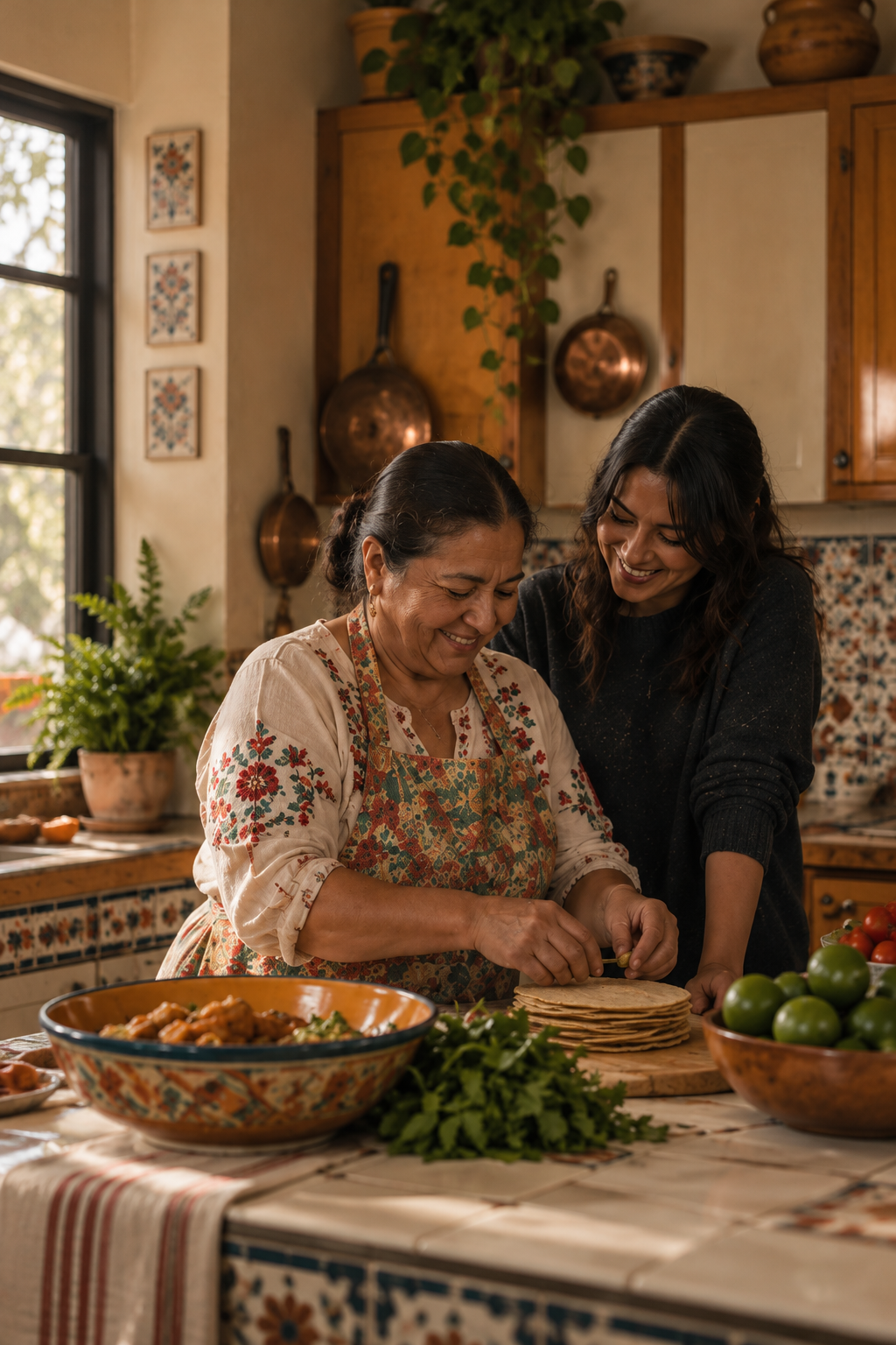 Two women, an elderly woman and a younger woman, are preparing food together in a cozy kitchen. They are smiling and working with a stack of tortillas or flatbreads on a wooden cutting board. The kitchen is decorated with colorful tiles, pots hanging on the wall, and potted plants near the window.
