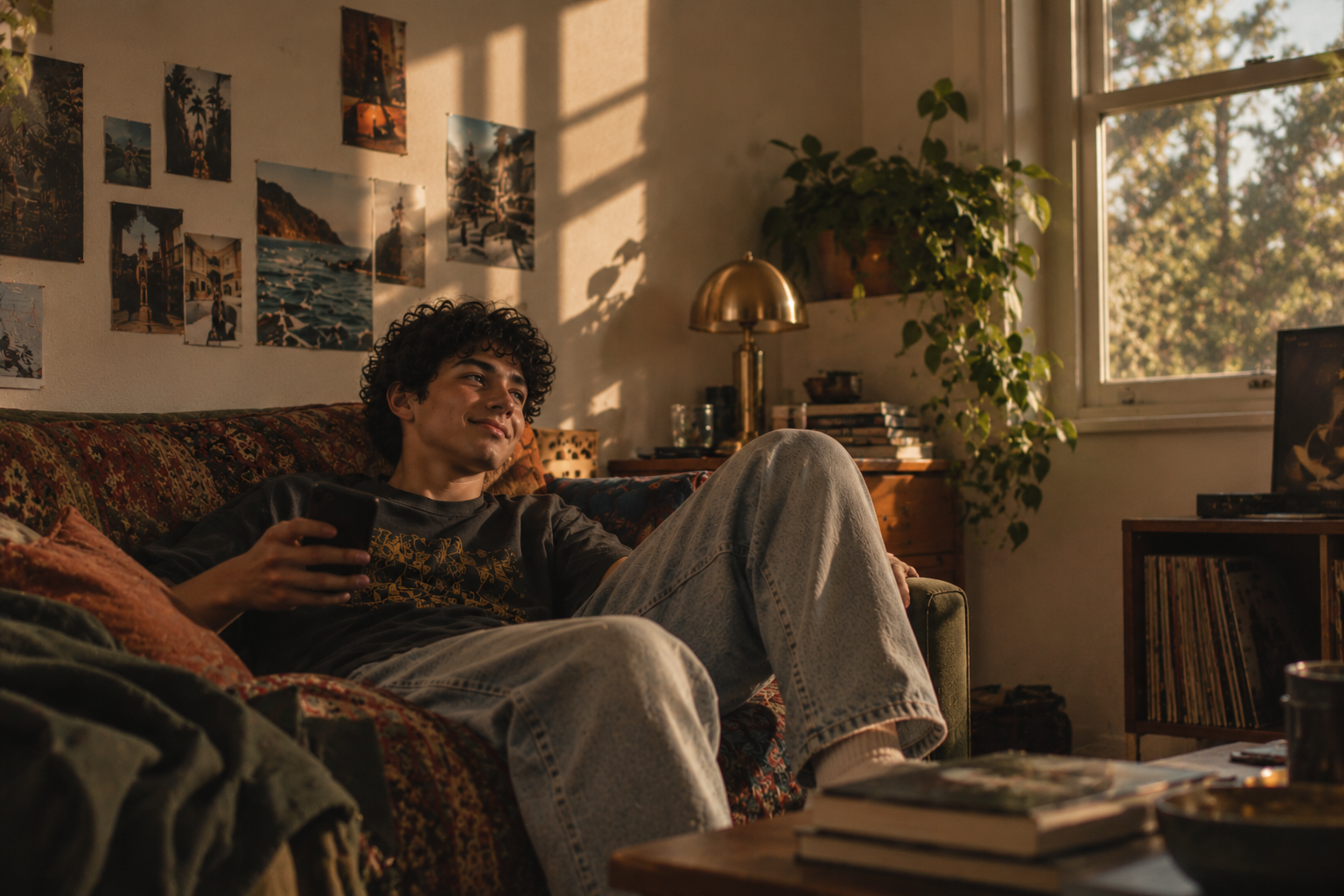 A young man with curly hair relaxing on a vintage sofa in a sunlit room, holding a phone, with photos on the wall, books, and a potted plant nearby.