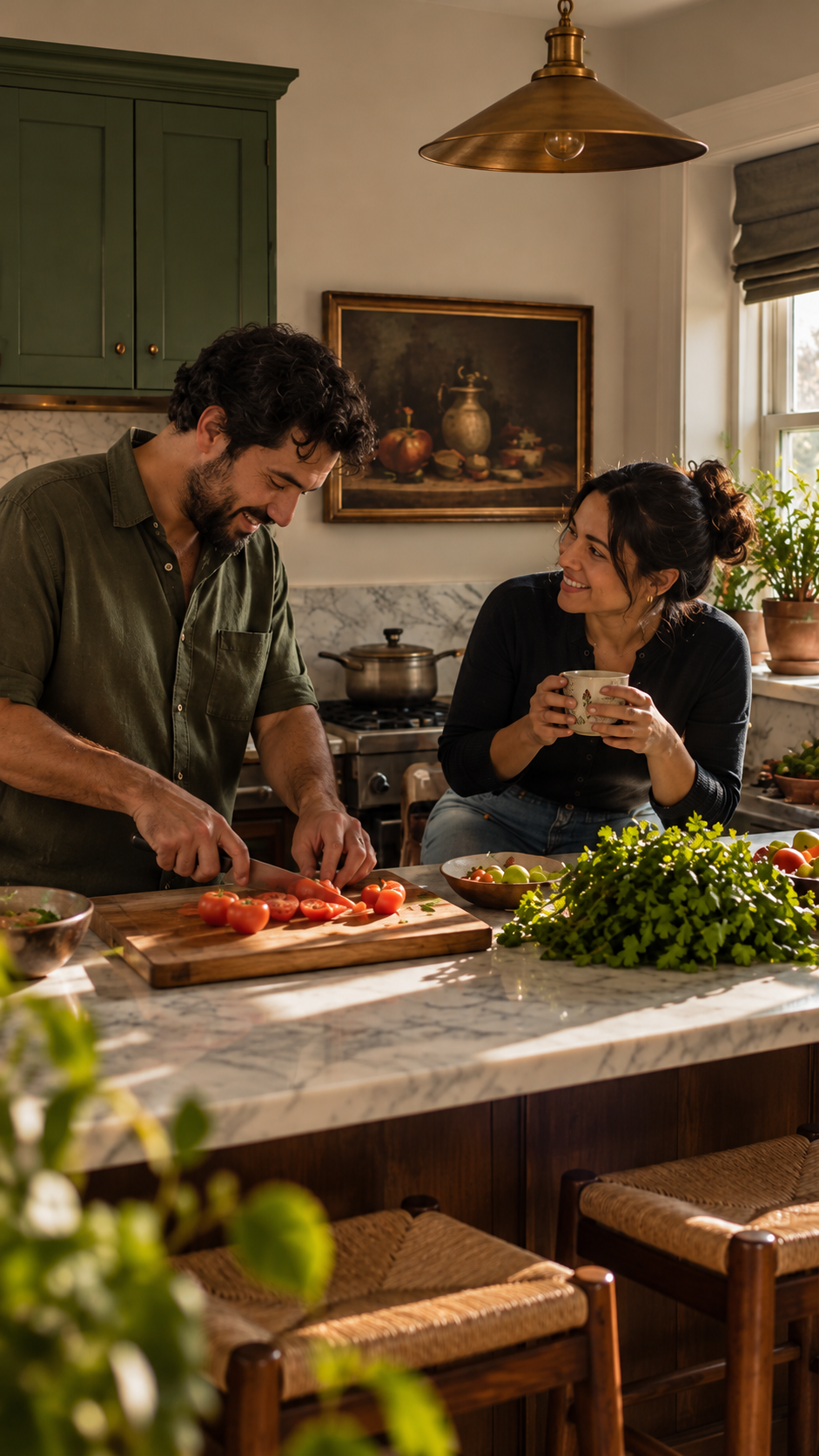 A man and woman are preparing food in a cozy kitchen, slicing tomatoes on a wooden cutting board. The woman is holding a mug and smiling at the man. There are various vegetables and plants on the marble countertop, and warm sunlight is streaming through the window.