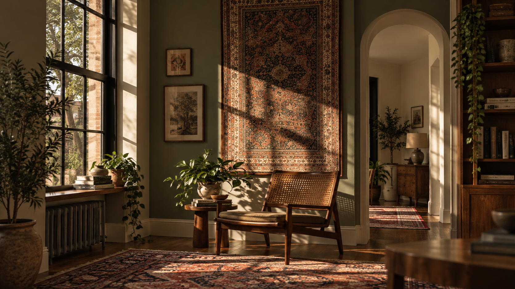 A cozy living room with sunlight streaming through a large window, casting shadows on the wall. There's a patterned rug, a wooden chair with a cushion, and several potted plants. Framed artwork hangs on the wall, and a richly patterned tapestry decorates the wall near the hall entrance. The room has a warm, inviting atmosphere with wooden furniture and soft lighting.