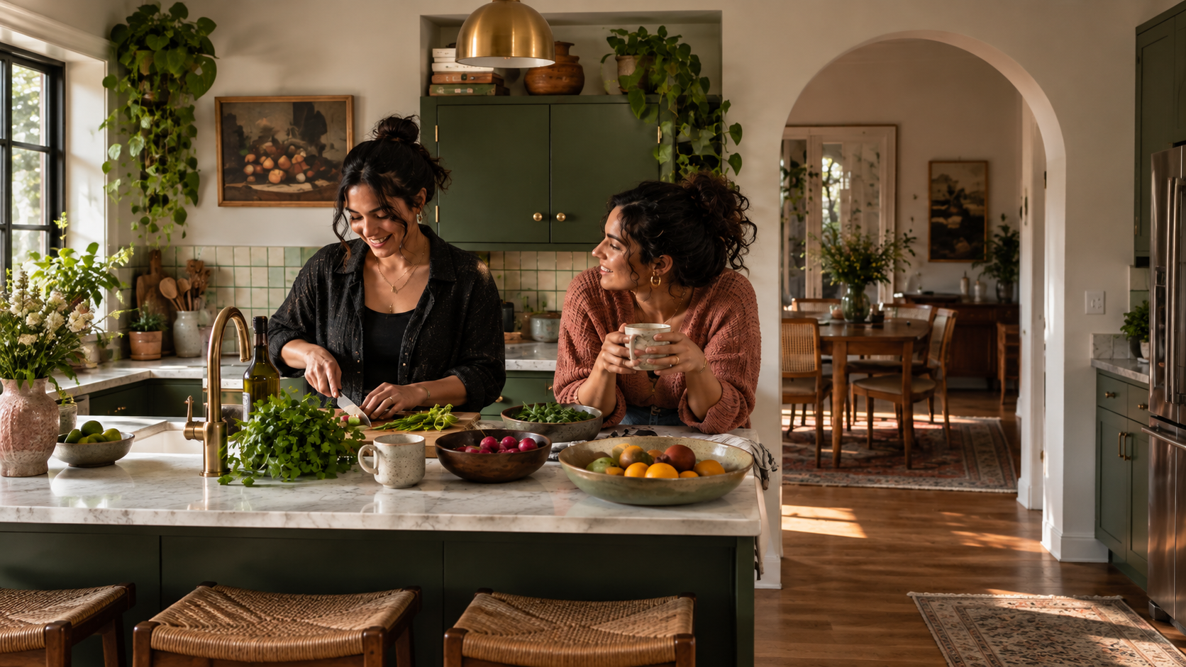 Two women preparing food and chatting in a cozy, well-lit kitchen. One is chopping vegetables at the island, while the other drinks from a mug. The kitchen has green cabinets, various potted plants, fresh fruit, and decorative items.