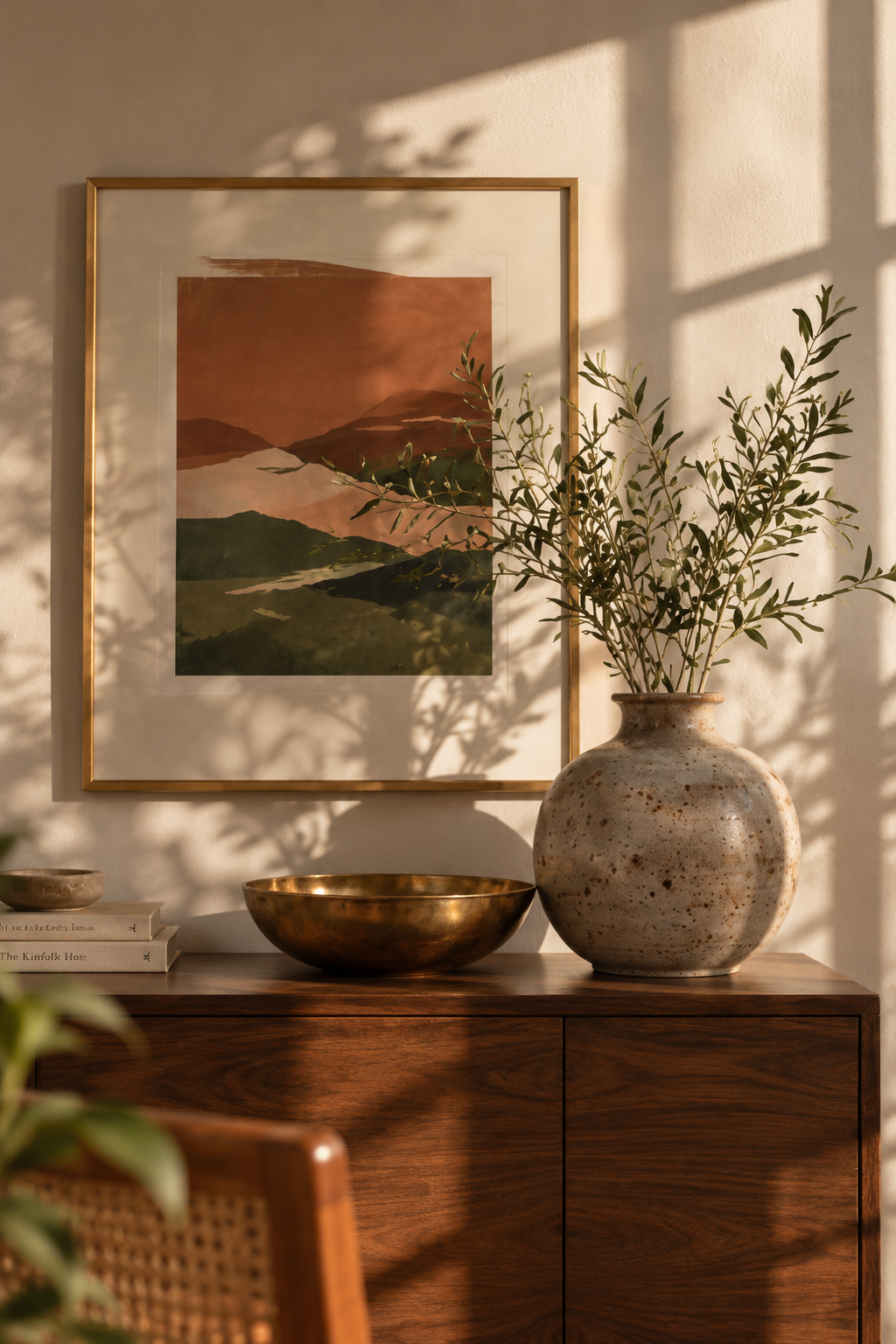 Decorative interior with a framed landscape art, a ceramic vase with green foliage, and a brass bowl on a wooden sideboard bathed in warm sunlight.
