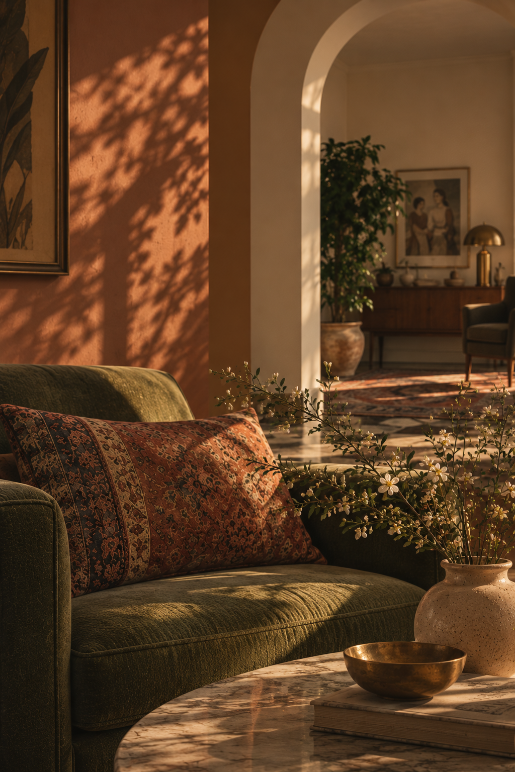 A cozy living room with sunlight creating shadows on a peach-colored wall. A green velvet couch with an ornate pillow, a marble coffee table with a vase of white flowers, and a brass bowl. In the background, an archway leads to a room with a large potted plant, framed artwork, a wooden sideboard, and a table lamp.