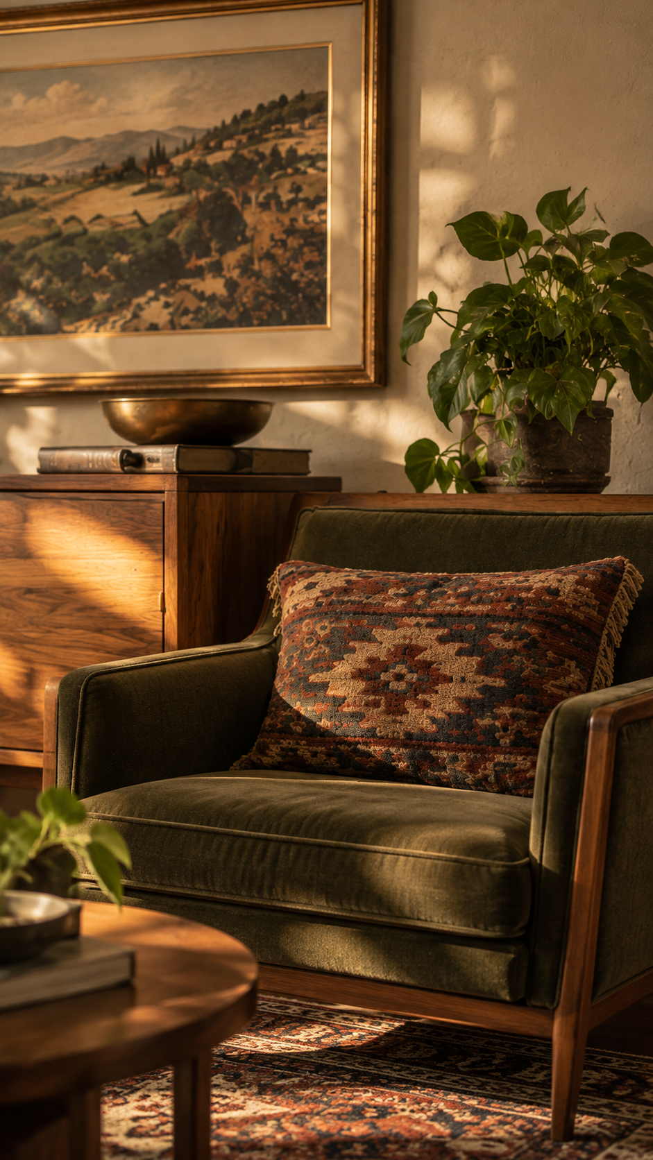 A cozy living room corner featuring a dark green vintage armchair with a patterned pillow, a wooden sideboard with books and a decorative bowl, a potted plant, a framed landscape painting, and a patterned rug.