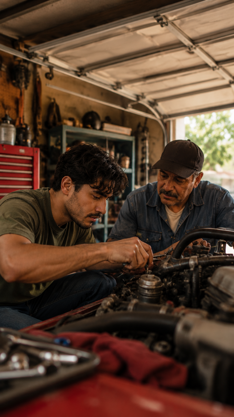 Two men working on car engine in a garage with tools and shelves in the background.