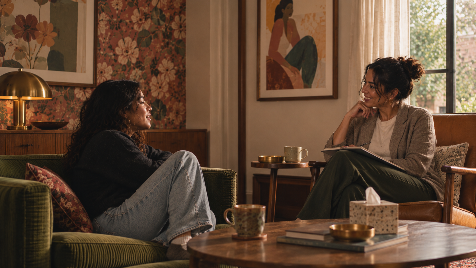 Two women having a conversation in a cozy, well-decorated living room with floral and abstract artwork on the walls, a window showing outdoor greenery, and a wooden coffee table with mugs, a tissue box, and books.