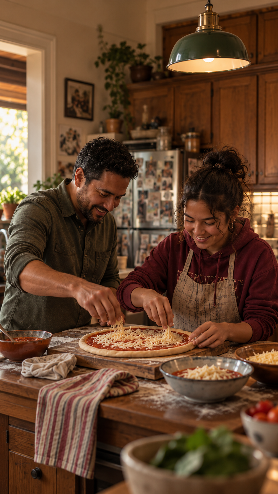 A man and a woman making pizza together in a cozy kitchen, smiling and adding cheese to a pizza on a wooden countertop.