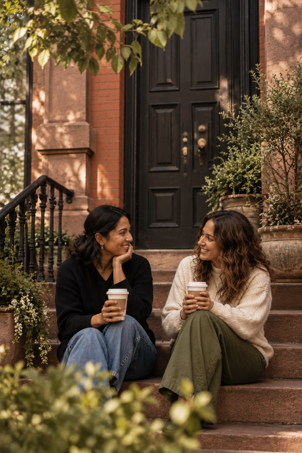 Two women sitting on front steps of a house, smiling and talking, each holding a coffee cup, with potted plants around them and a black door behind them.