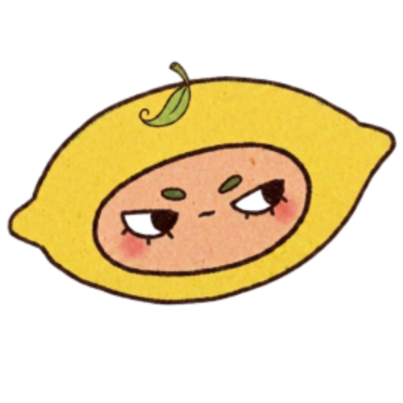 Cartoon lemon with a face and a sassy expression, with blushing cheeks and a small green leaf on top.
