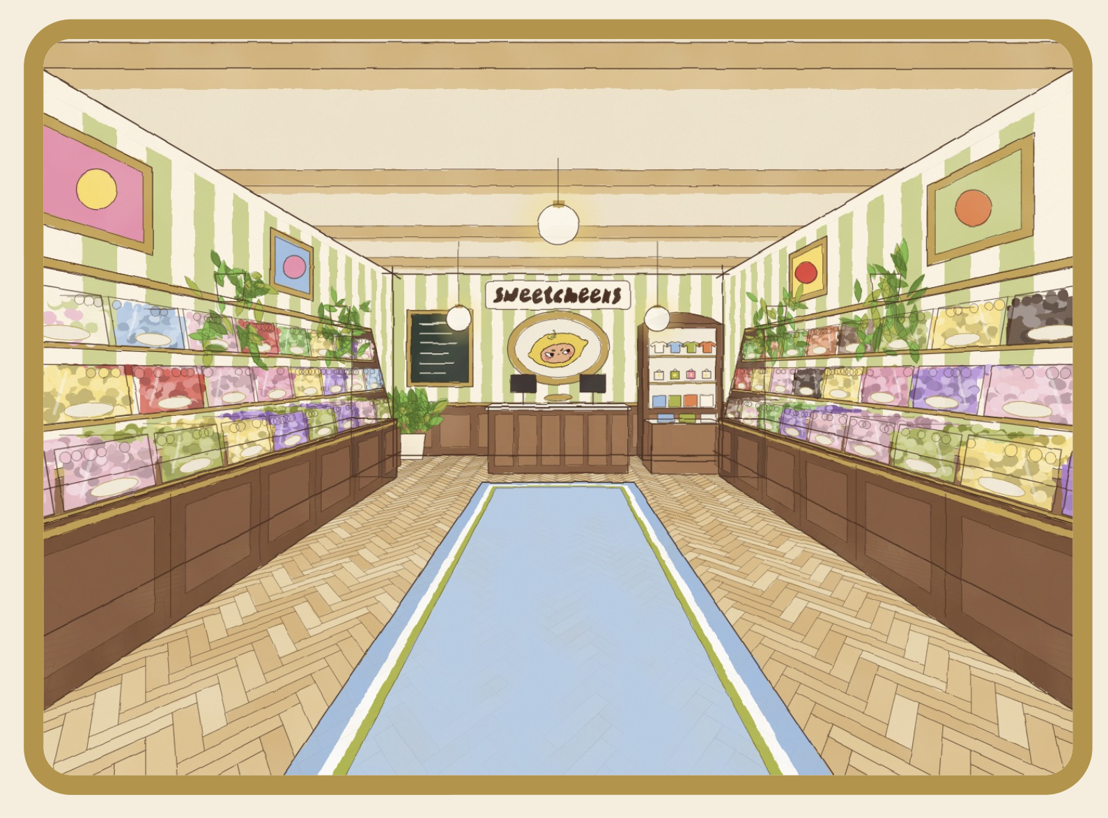 Colorful comic-style illustration of a gift shop with shelves of wrapped presents, potted plants, and a checkout counter against a green and cream striped wall with framed artwork and a sign that says "Sweetsheers."
