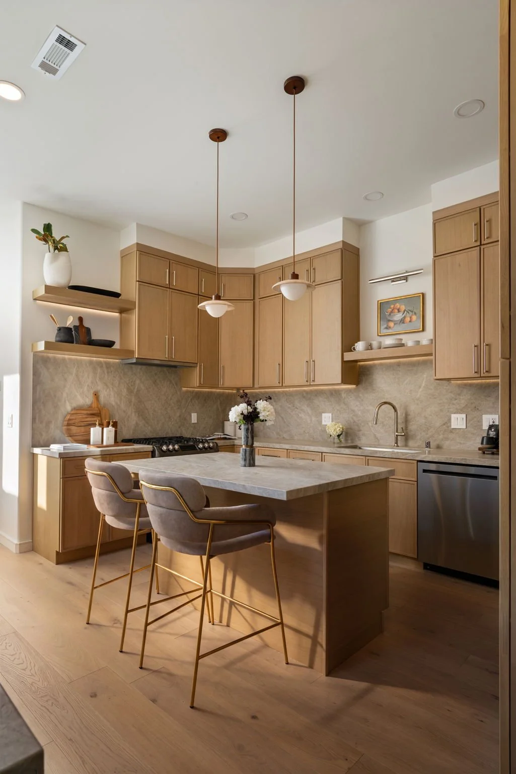 Modern kitchen with wooden cabinets, marble island, pendant lights, and barstools with gold legs.