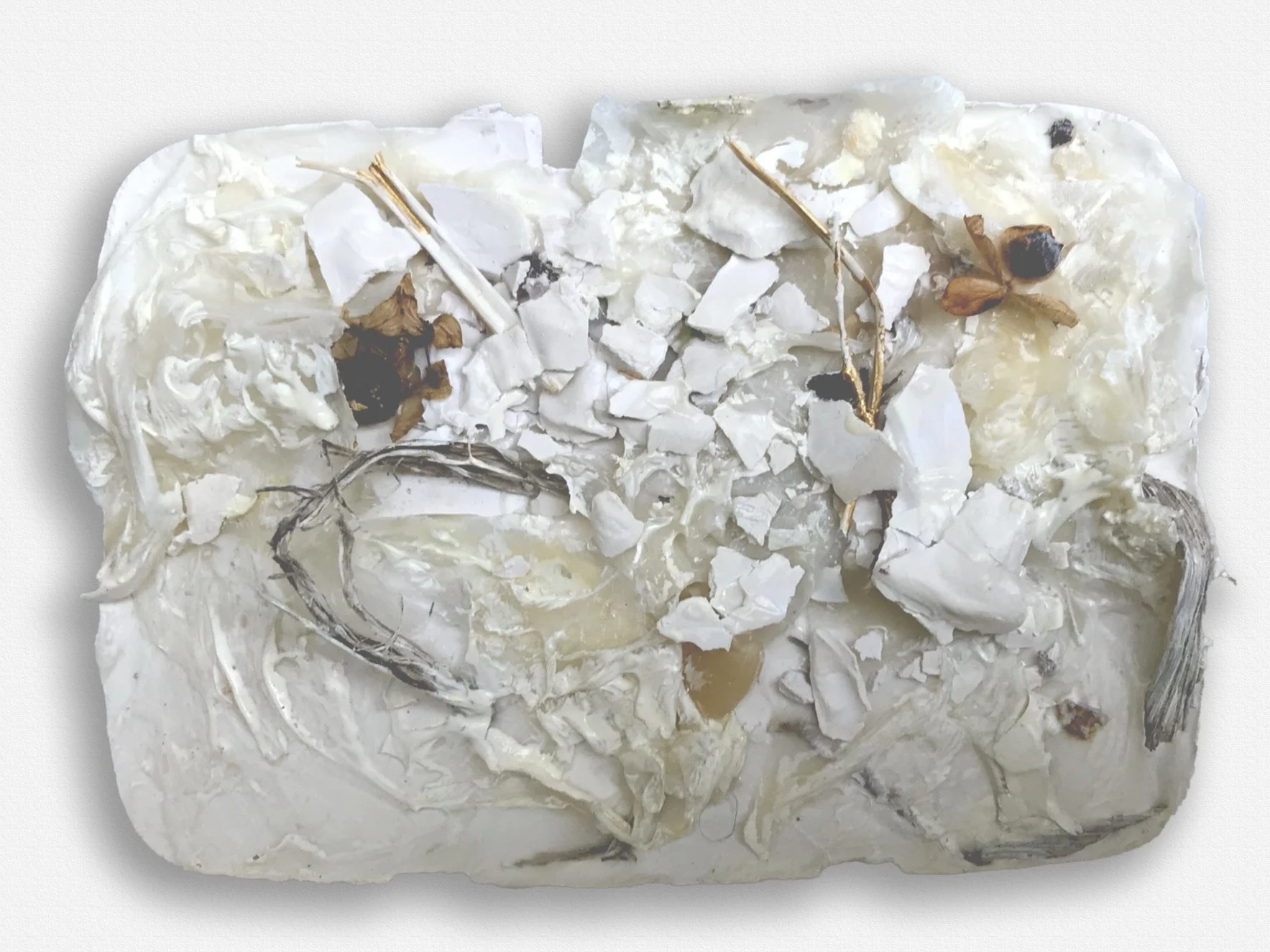53/4"x4" plaster, glue, paint, organic material, $65.