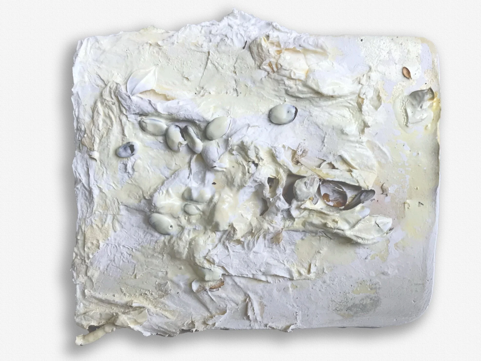 41/2"x51/2" plaster, paper, paint, glue, stain, organic material $60