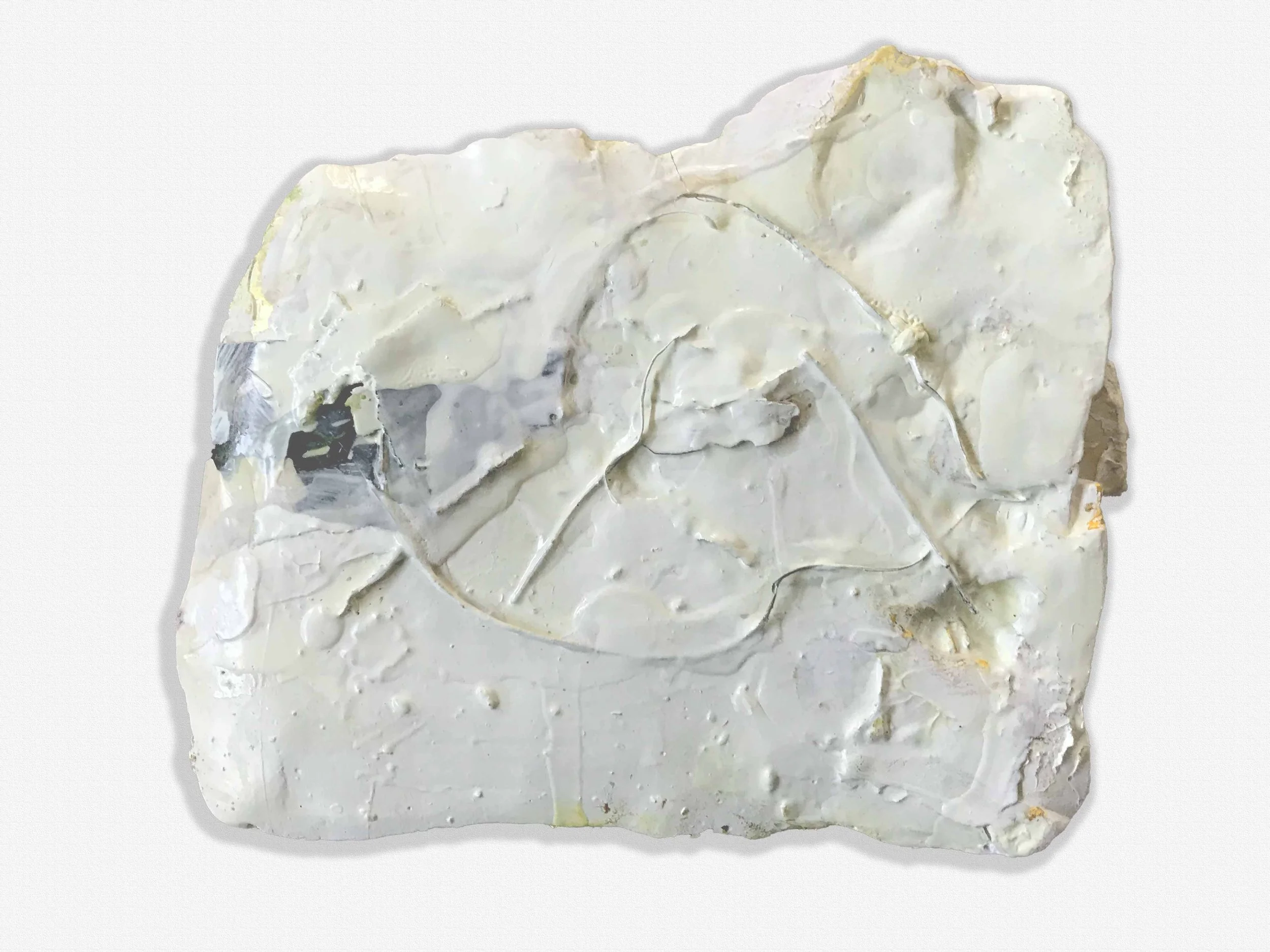 7" x 5" x 1" plaster, paint, glue, wallpaper, stick, organic material $100.