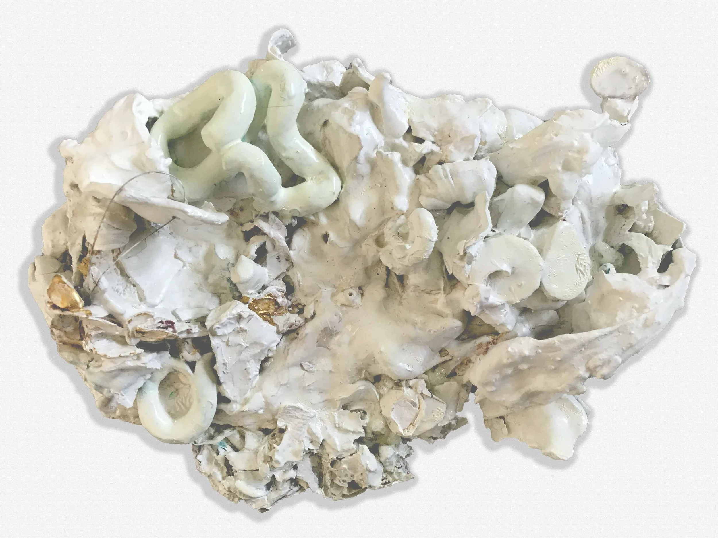 12" X8" X4" plaster, paint, glue, guitar string, organic material $300.