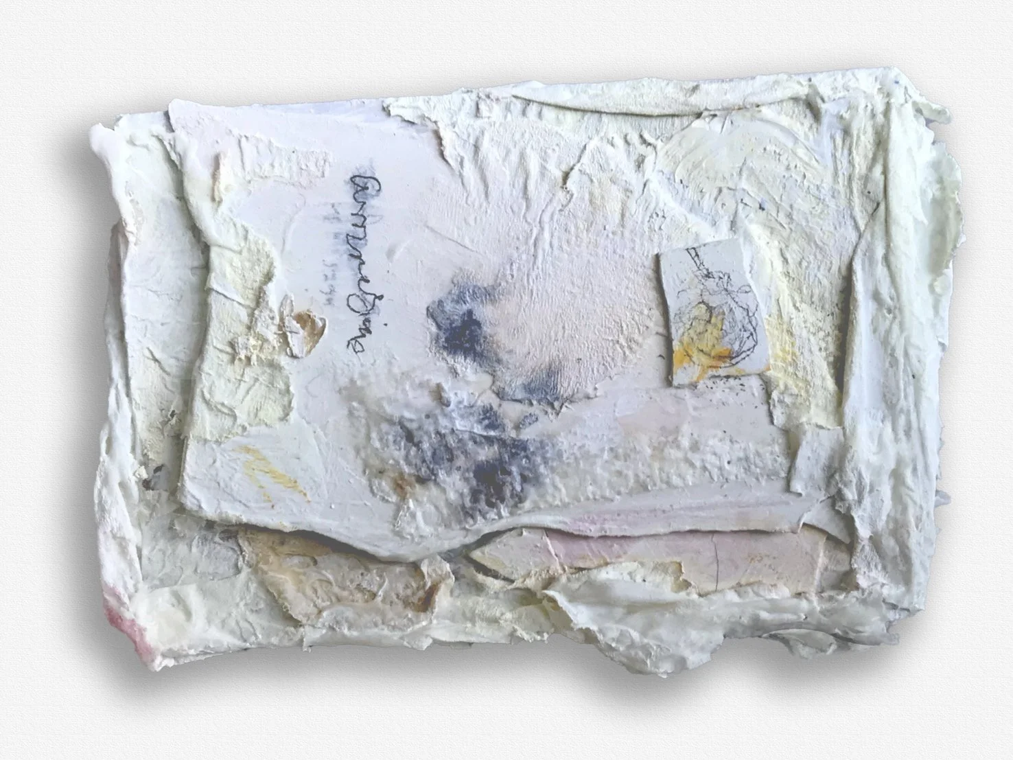 4"x3" plaster, paper, paint, glue, stain, organic material $35.
