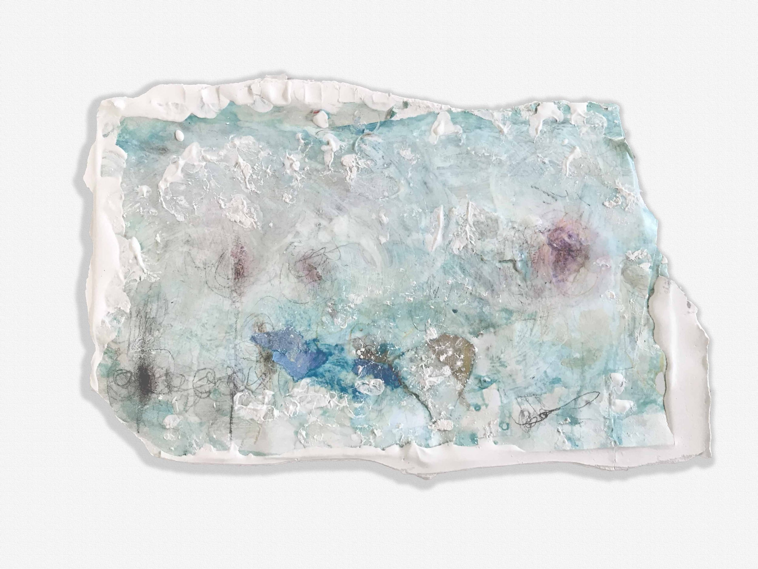 9"x6" plaster, paper, crayon, pencil, paint $150.