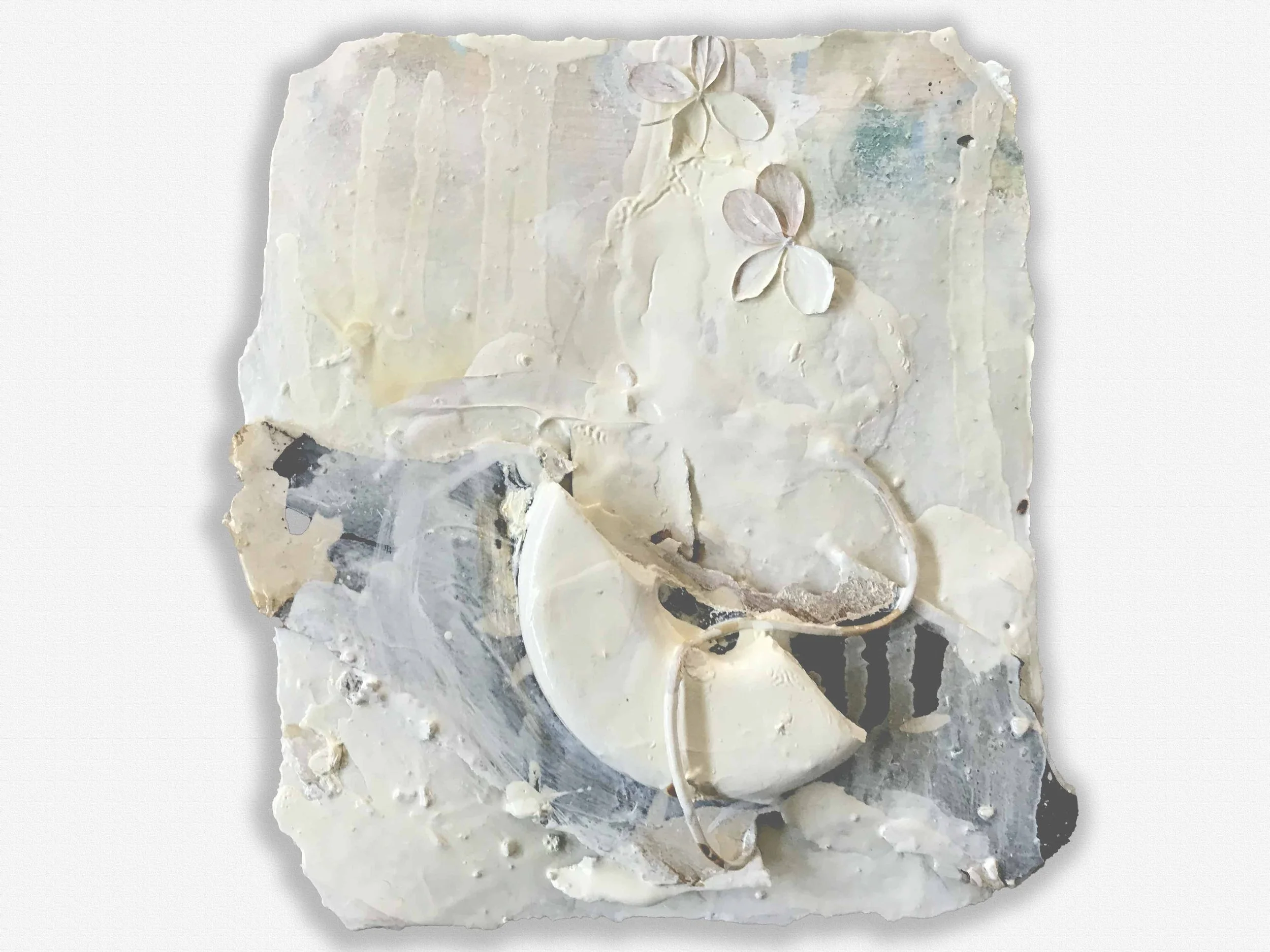 6" x 6" x 11/2" plaster, paint, glue,  string wallpaper, organic material $110.