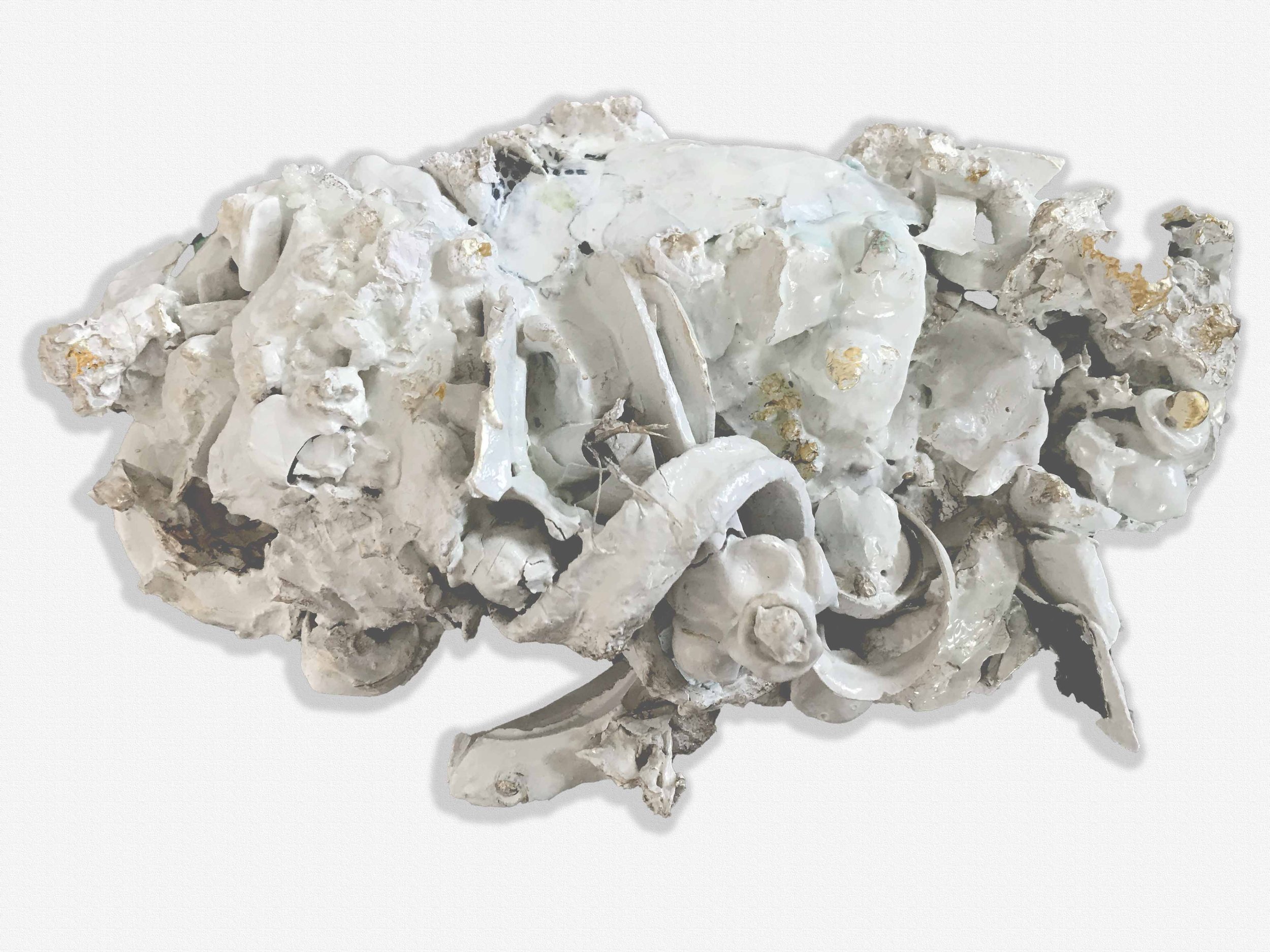 12" x 7" x 4" plaster, paint, glue, wallpaper, organic material $250.
