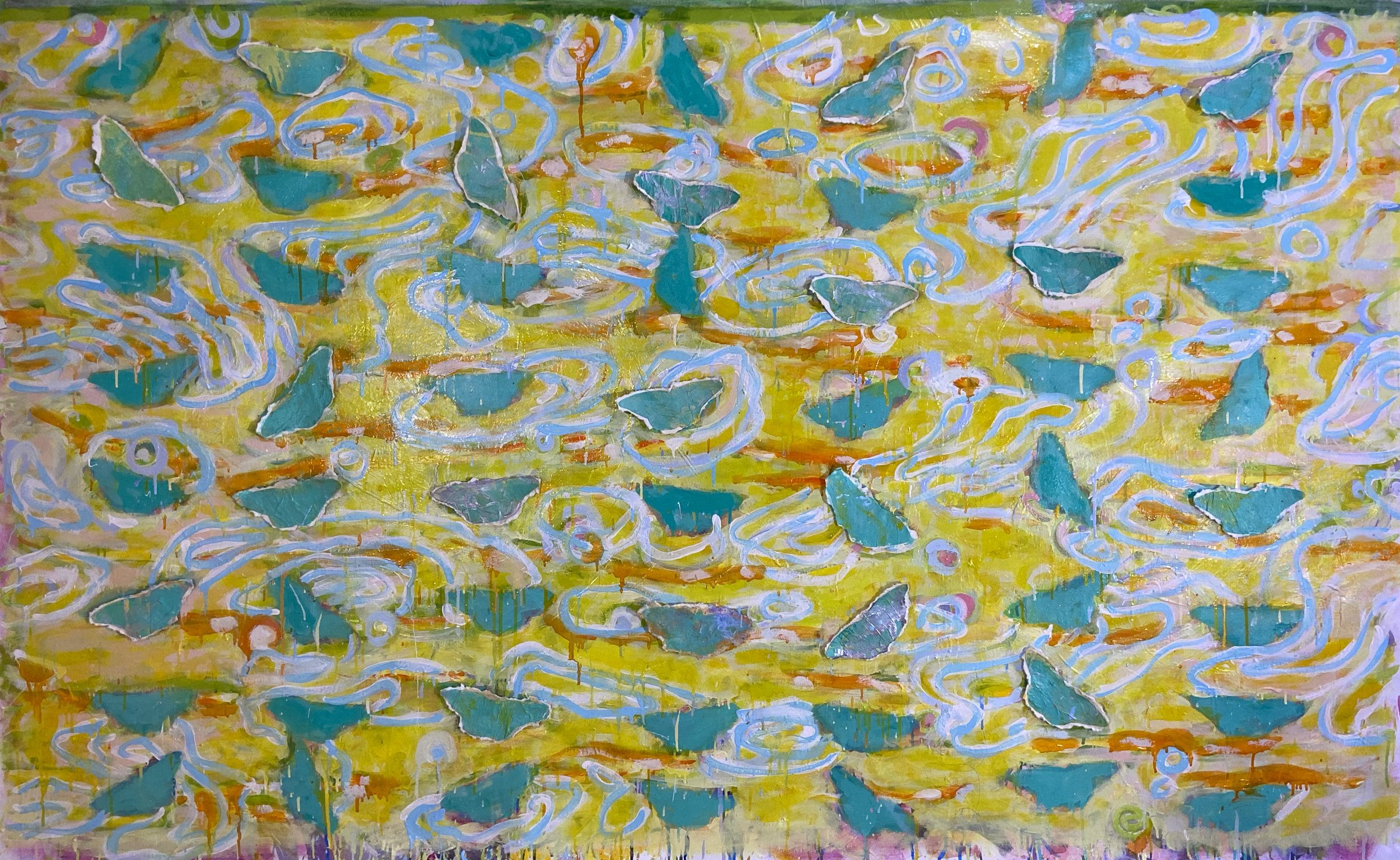 large oil painting of turquoise butterflies against a yellow background with collage elements