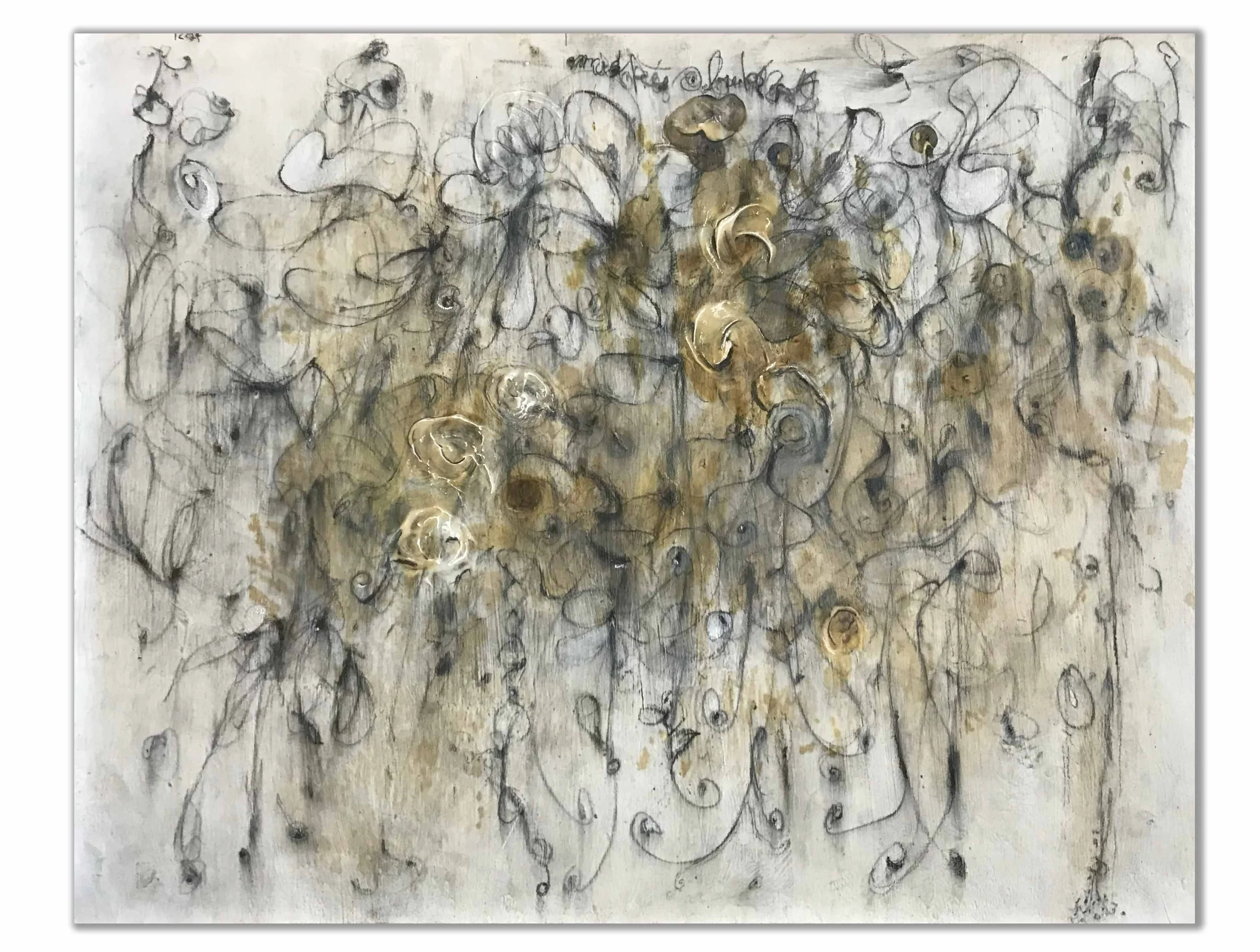 Gold Ghost 14" x 11" charcoal, strain, paint, pastel on paper $450.