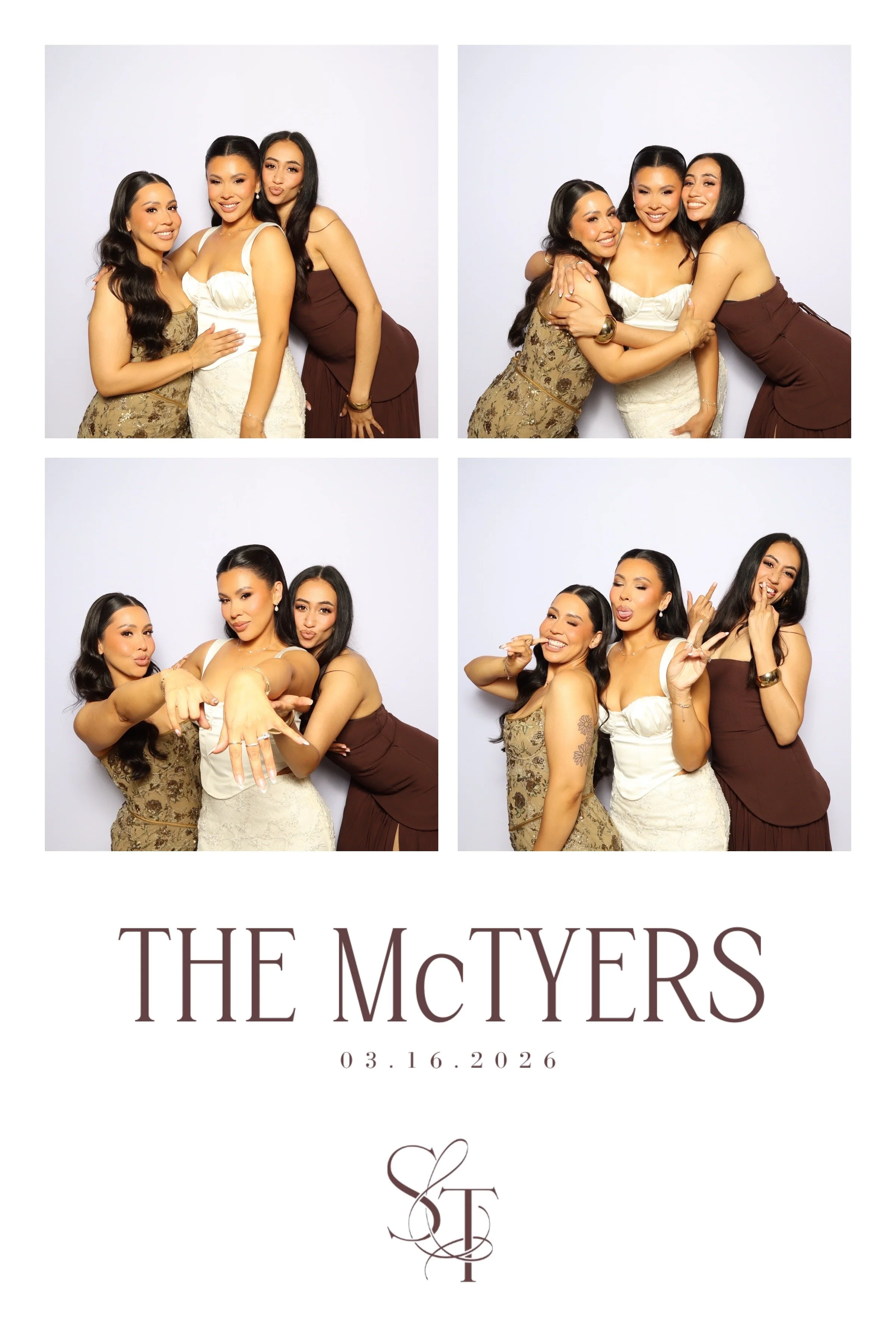 Bride and friends using custom photo template at Monserate Winery wedding photo booth in Fallbrook between Temecula and San Diego