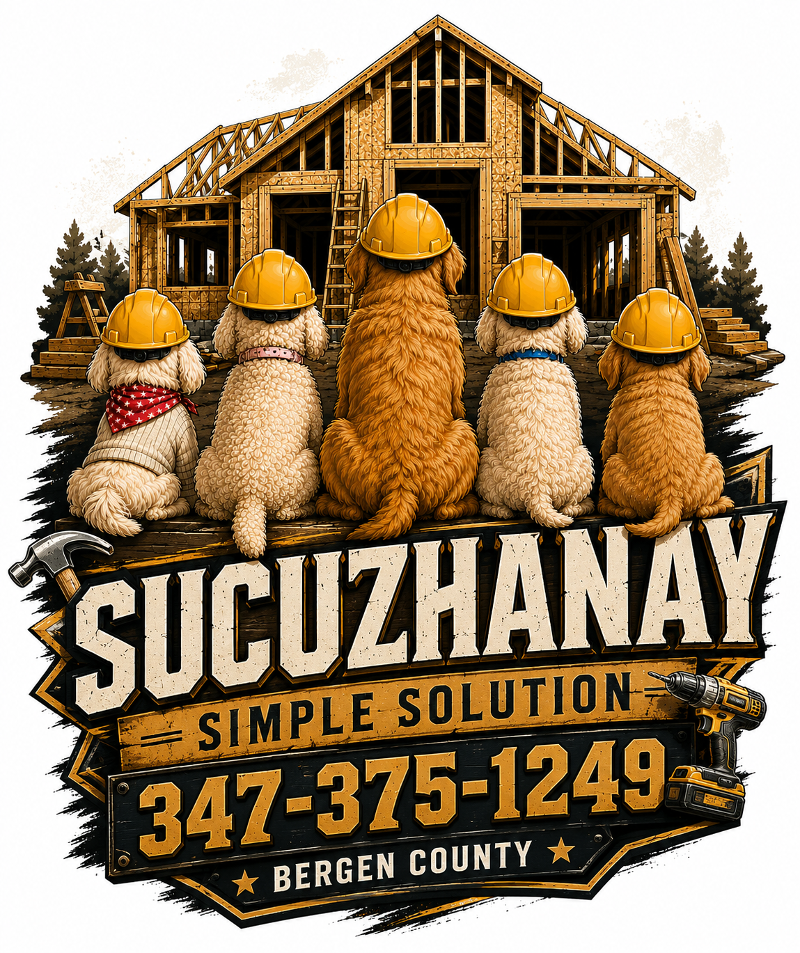 Five dogs wearing yellow construction helmets sit in front of a partially built wooden house during daytime, with trees in the background. The image includes text that advertises Sukuzhanay, a construction company, with a phone number and location in Bergen County, New Jersey, with a hammer and drill illustration.