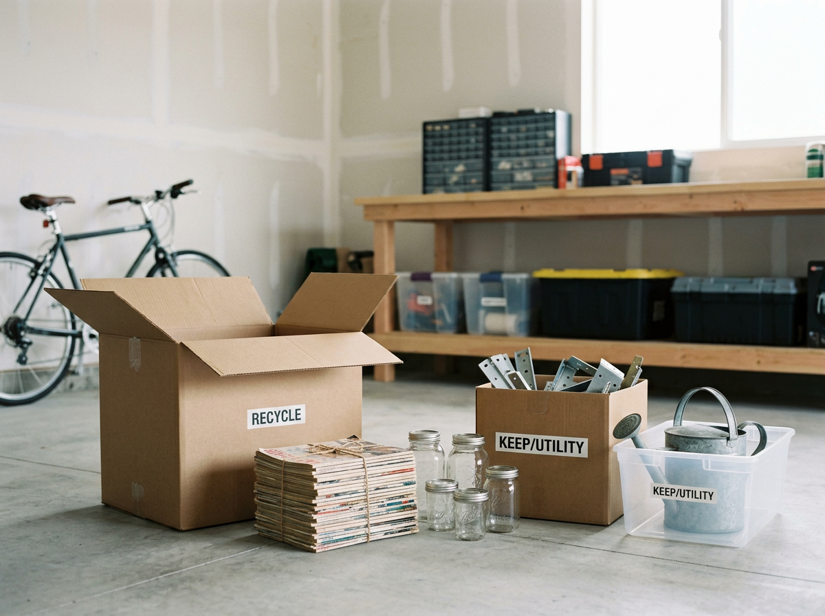 A garage with a bicycle in the background, various labeled boxes for recycling and keeping tools, glass jars, and newspapers.