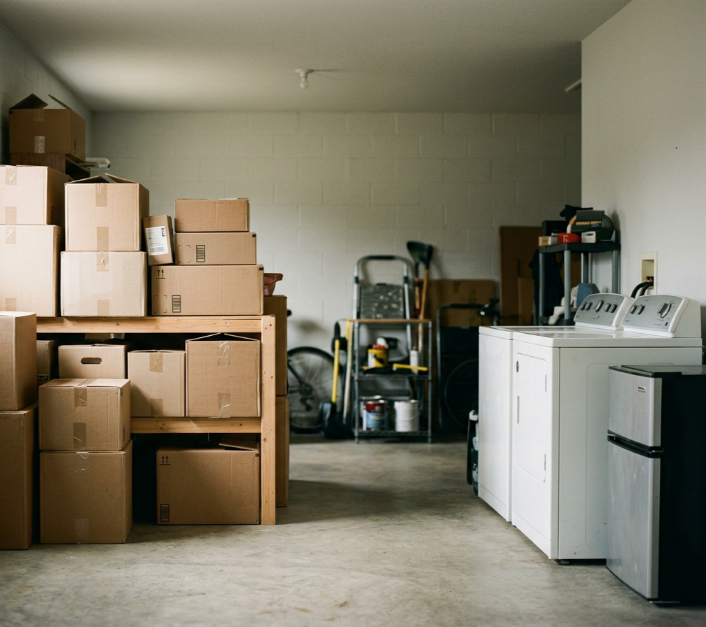 A garage with stacks of cardboard boxes on shelves, a washer and dryer, and various tools and supplies in the background.