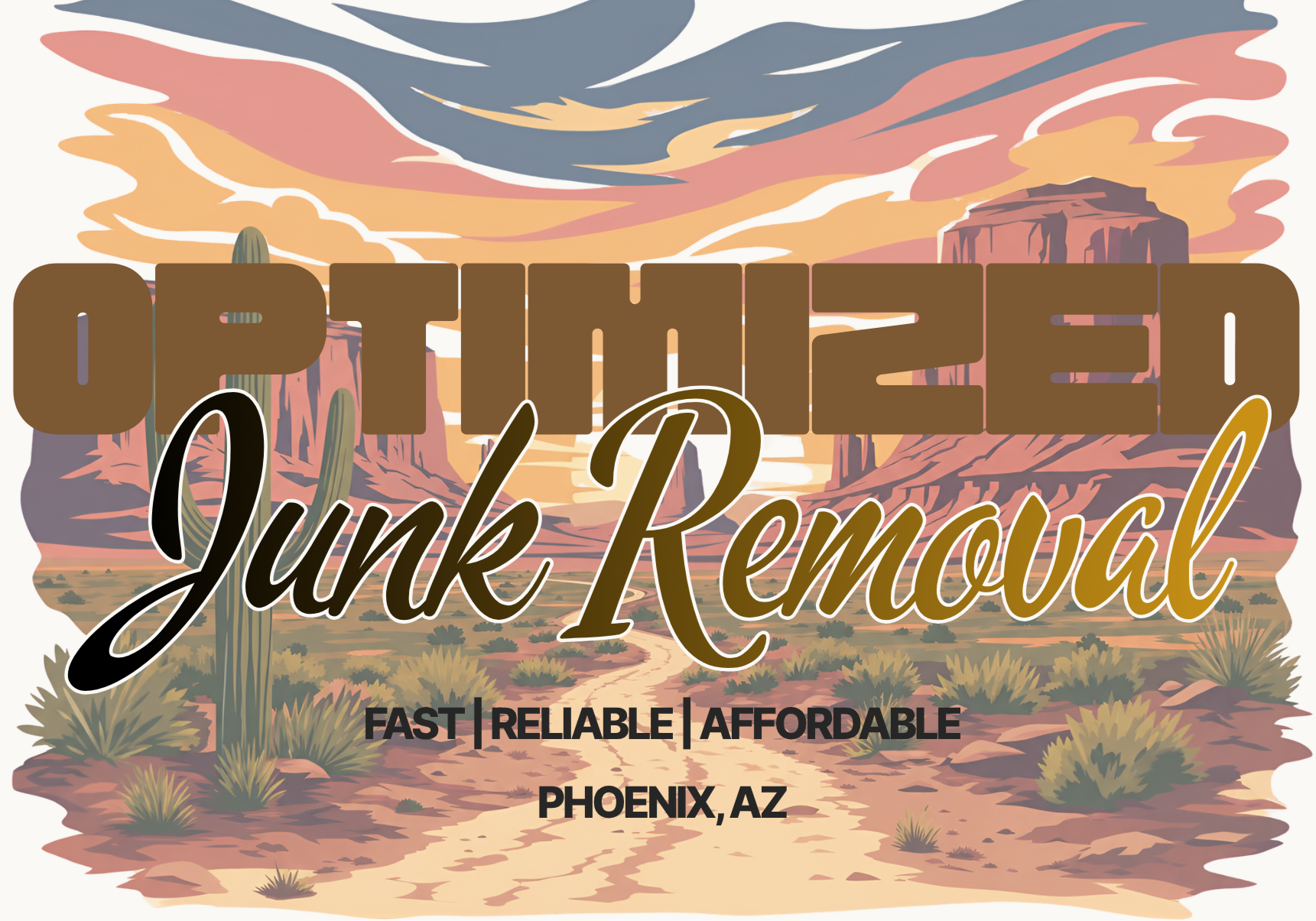 Illustration of a desert landscape with cacti and rock formations under a colorful sky, advertising a junk removal service in Phoenix, AZ.