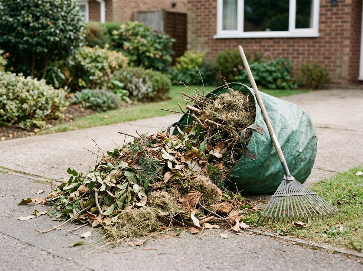 A green leaf debris collection bag filled with garden waste, including branches, leaves, and twigs, lying on a concrete sidewalk near a grassy yard. A rake rests against the bag in front of a house with a brick exterior and window.