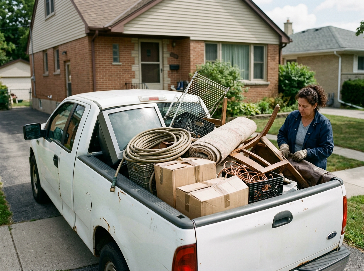A woman loading or unloading a white pickup truck filled with boxes, furniture, and house supplies, parked in front of a brick house.
