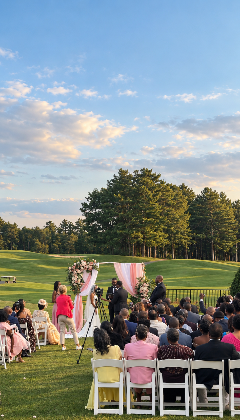 Outdoor wedding ceremony on a grassy area with guests seated facing a floral arch, officiant, bride, and groom, set against a backdrop of trees and a clear sky.