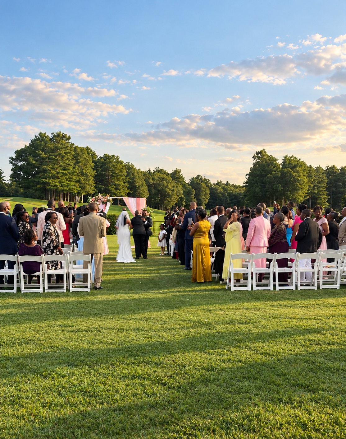 Outdoor wedding ceremony with guests standing and seated on white chairs on a green lawn, a bride and groom facing each other under an arch decorated with pink fabric and flowers, surrounded by trees and a partly cloudy sky.