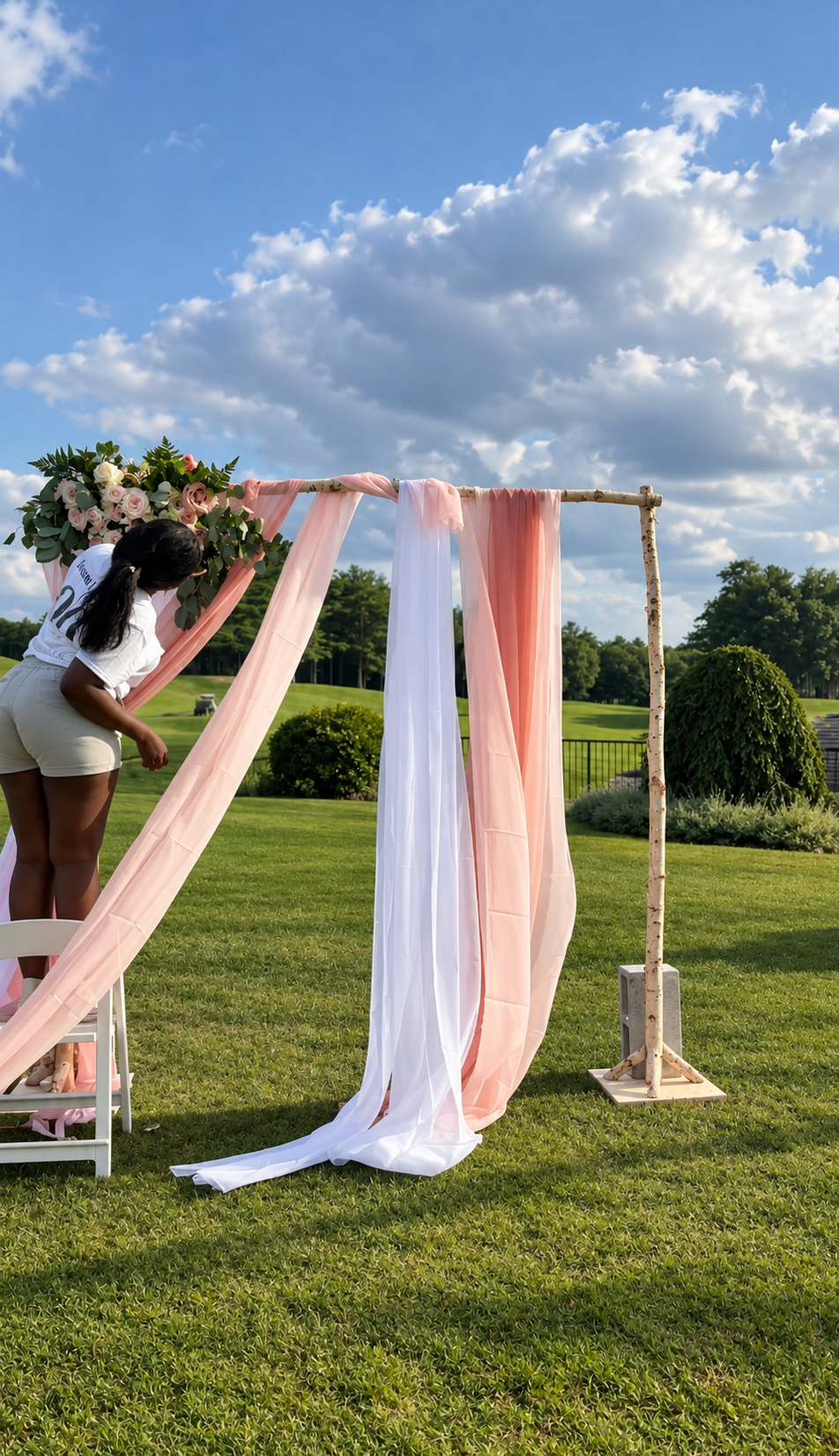 A woman decorating a wedding arch with pink and white fabric and a bouquet of pink and white roses outdoors on a grassy field with trees and a blue sky with clouds.