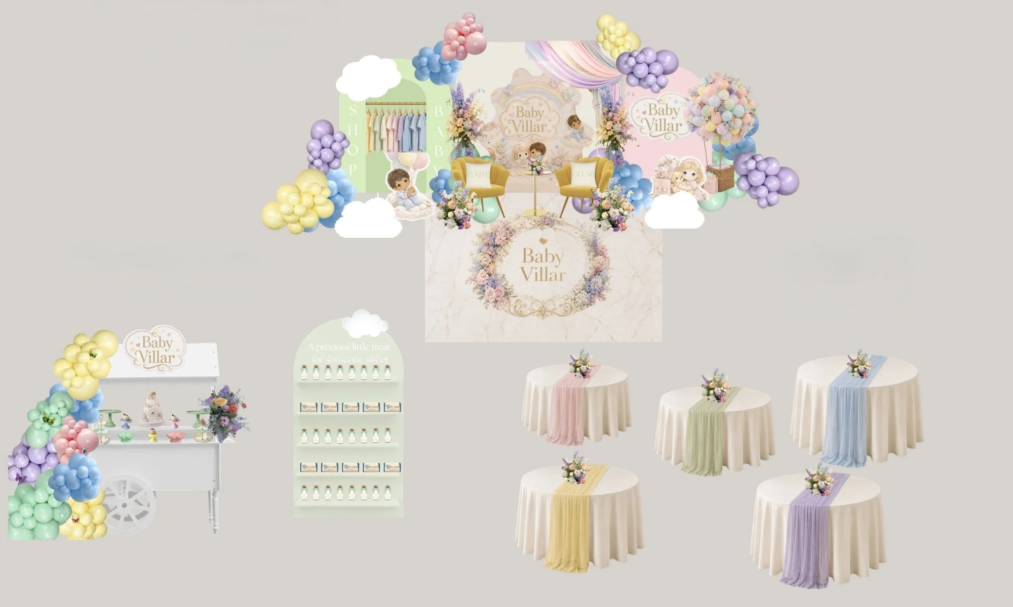 Decorative setup for a baby shower with pastel balloons, floral arrangements, round tables with pastel-colored table runners, and a backdrop with the words "Baby Villar".