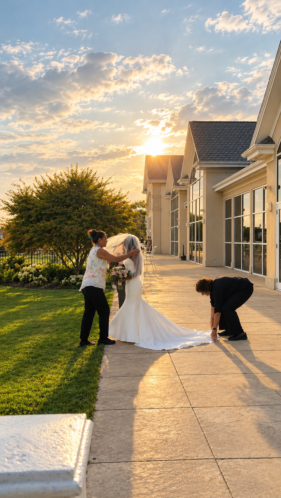 A bride standing outside a large building as two women make final adjustments to her wedding dress and veil during sunset.